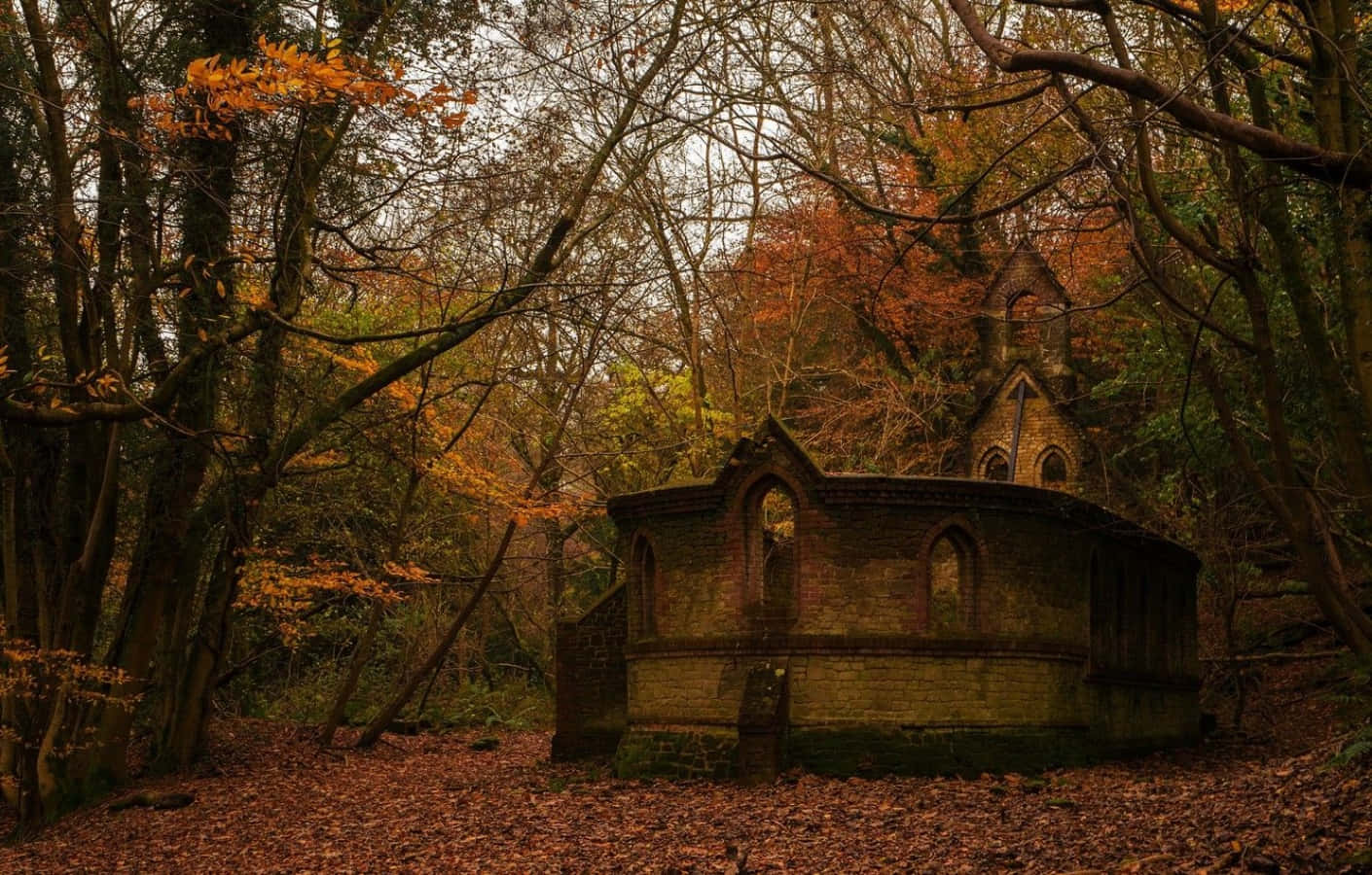 ancient stone chapel, dense autumn forest, golden leaves, HD Desktop Wallpaper