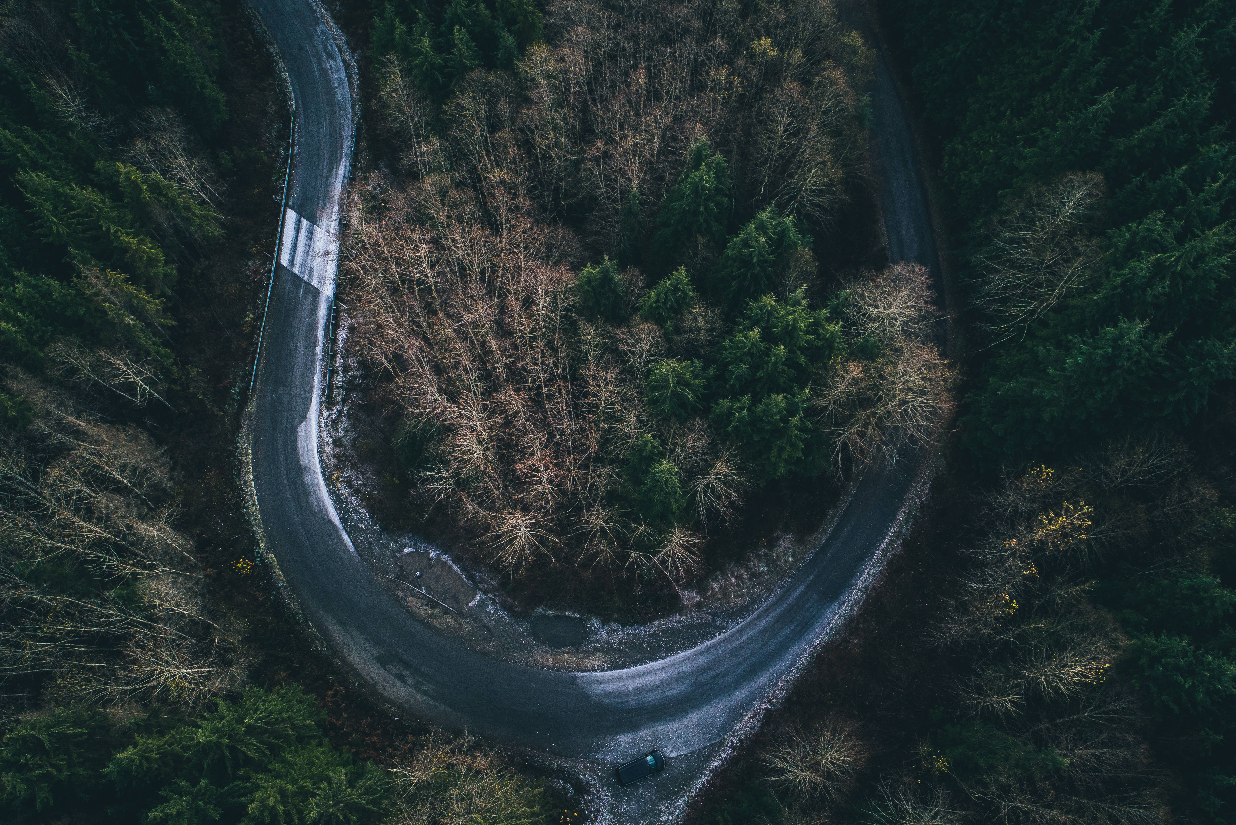 aerial view, winding road, dense forest, 4K Desktop Wallpaper