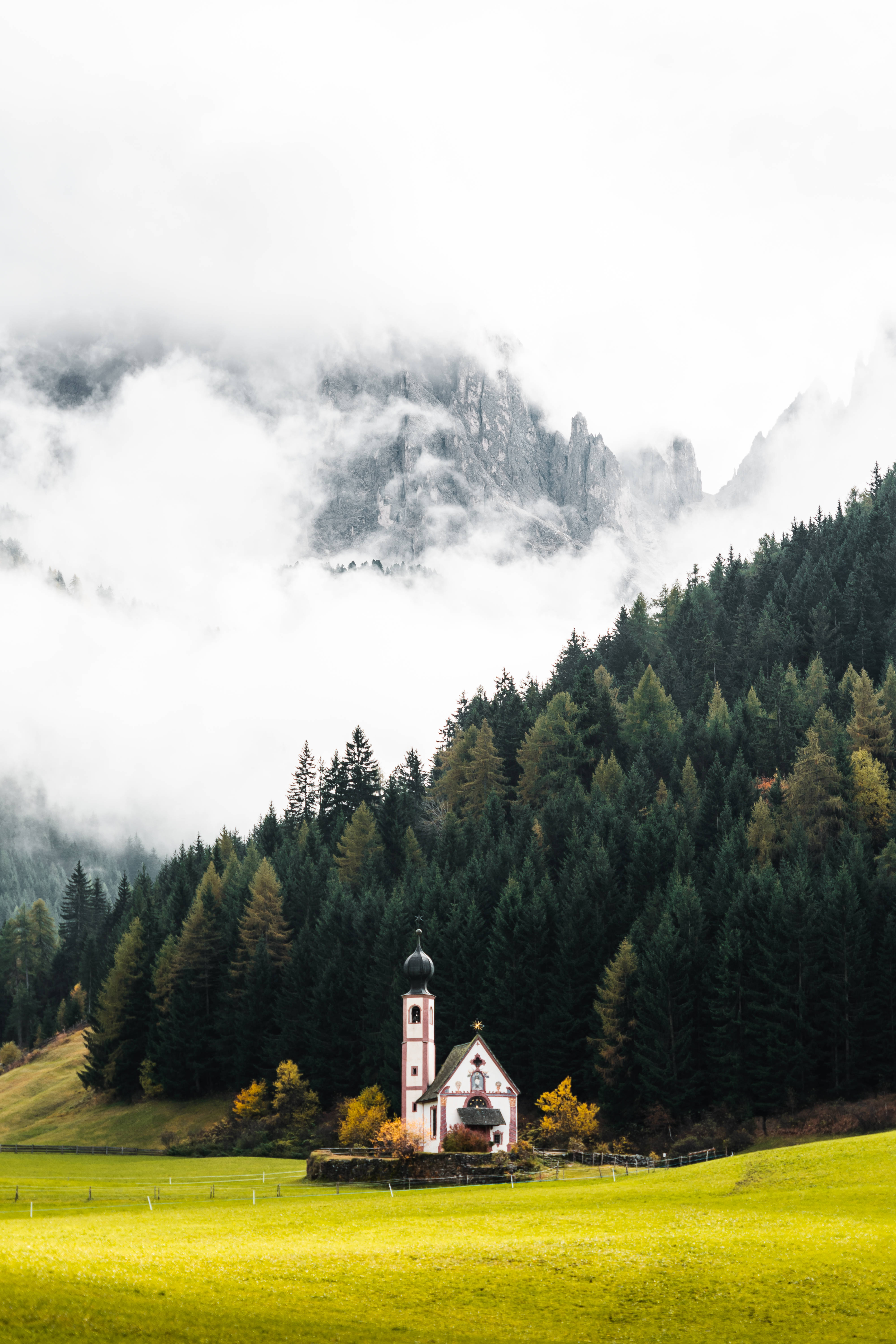 white chapel, black dome, vibrant green meadow, 5K Phone Wallpaper
