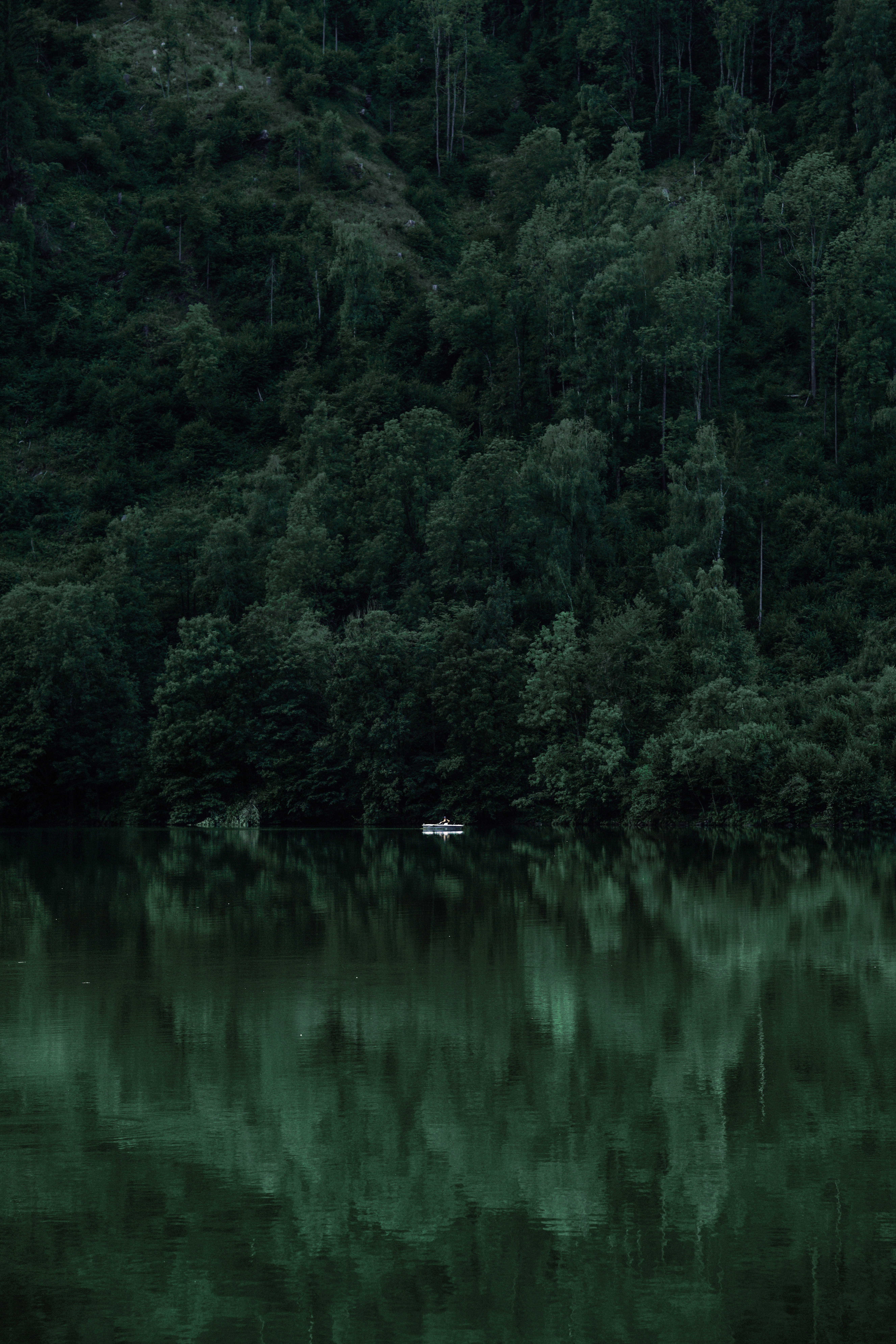 HD Forest, white boat, glassy emerald lake, 8K Phone Wallpaper