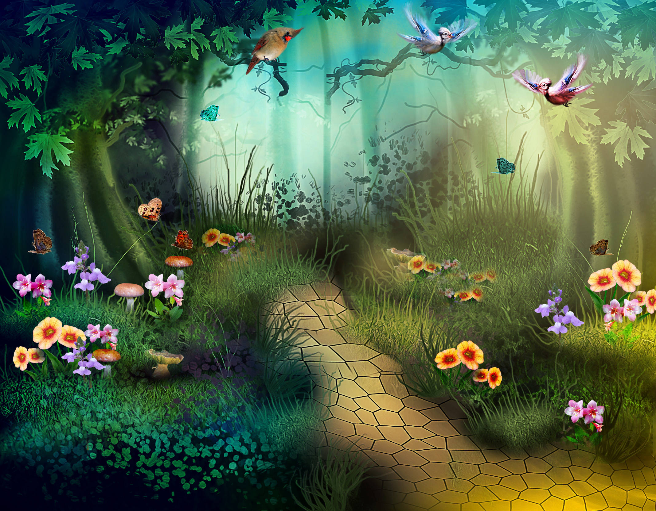 glowing hexagonal path, lush enchanted forest, vibrant flowers, Full HD Desktop Wallpaper