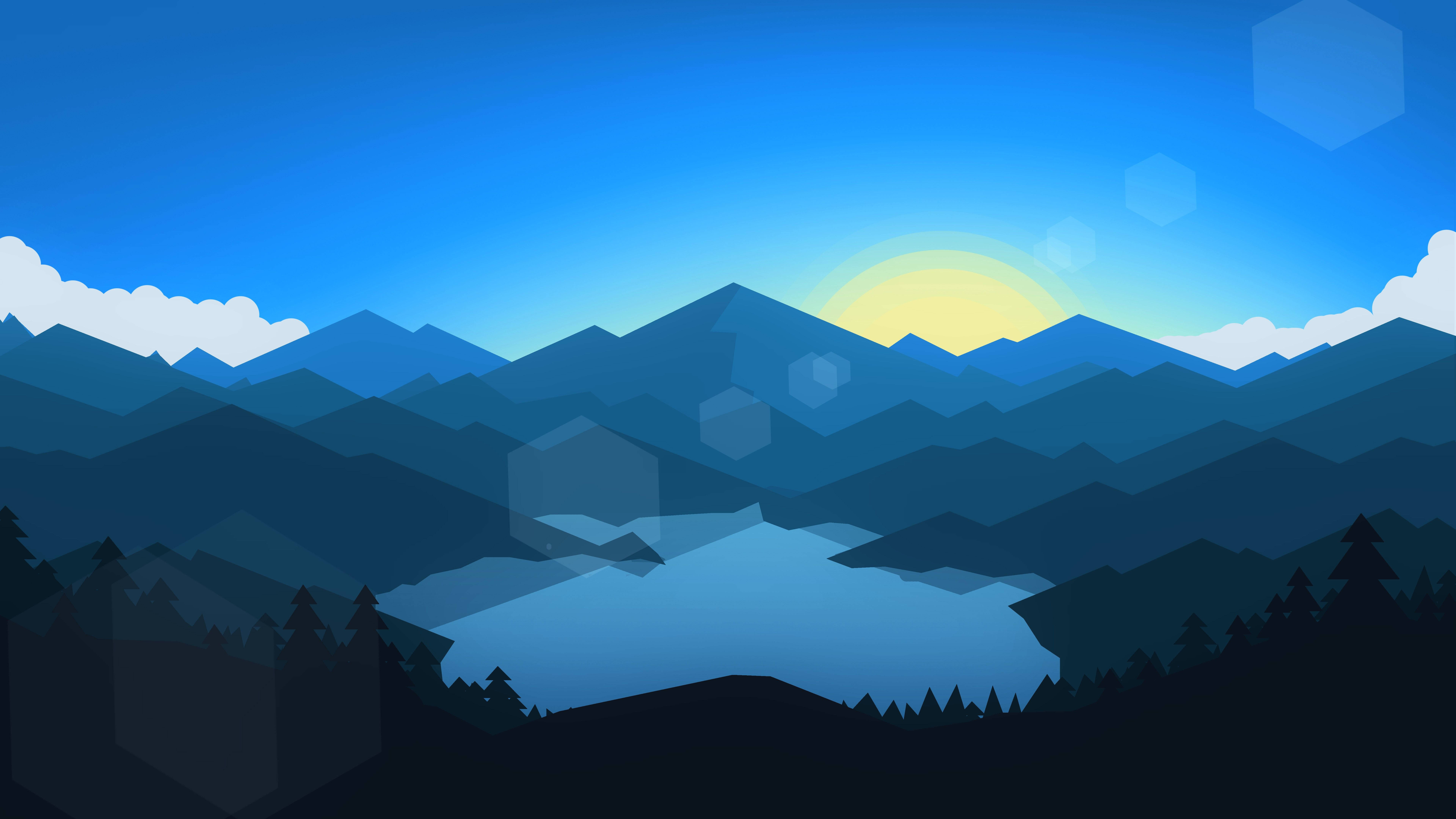 mountain lake, sunrise, blue peaks, 8K Desktop Wallpaper