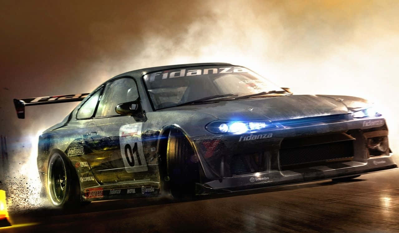 drift racing car, number 01, wet track, HD Desktop Wallpaper