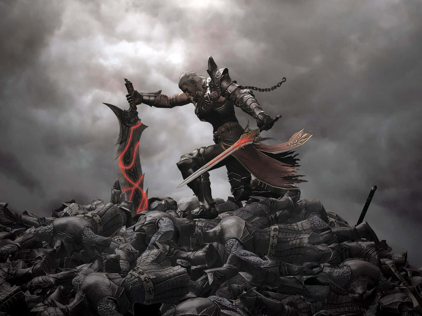 dark-armored warrior, glowing red swords, stormy skies, HD Desktop Wallpaper