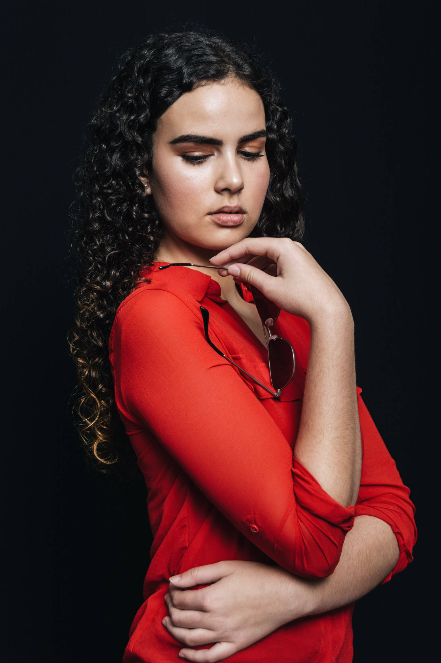 HD Girl, curly dark hair, bold red blouse, Full HD Phone Wallpaper