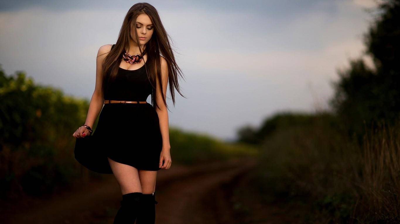 HD Girl, black dress, dirt path, HD Desktop Wallpaper