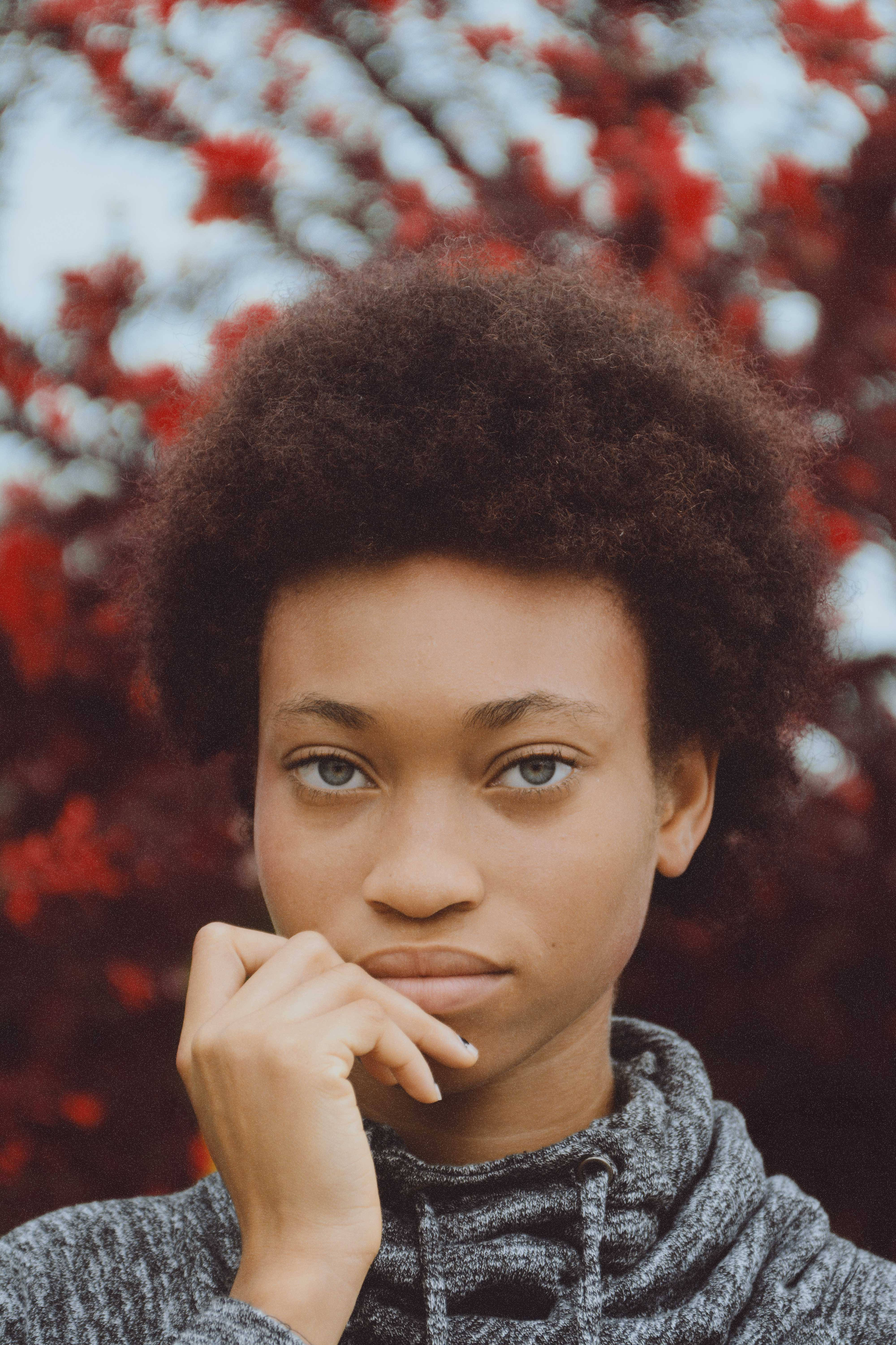 HD Girl, afro hairstyle, red autumn leaves, 5K Phone Wallpaper