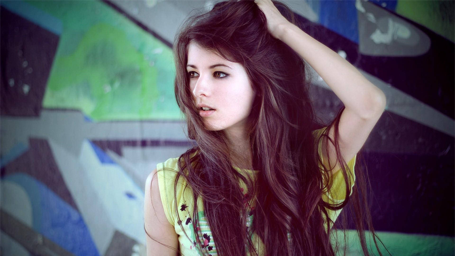 HD Girl Profile, long dark hair, vibrant graffiti wall, Full HD Desktop Wallpaper