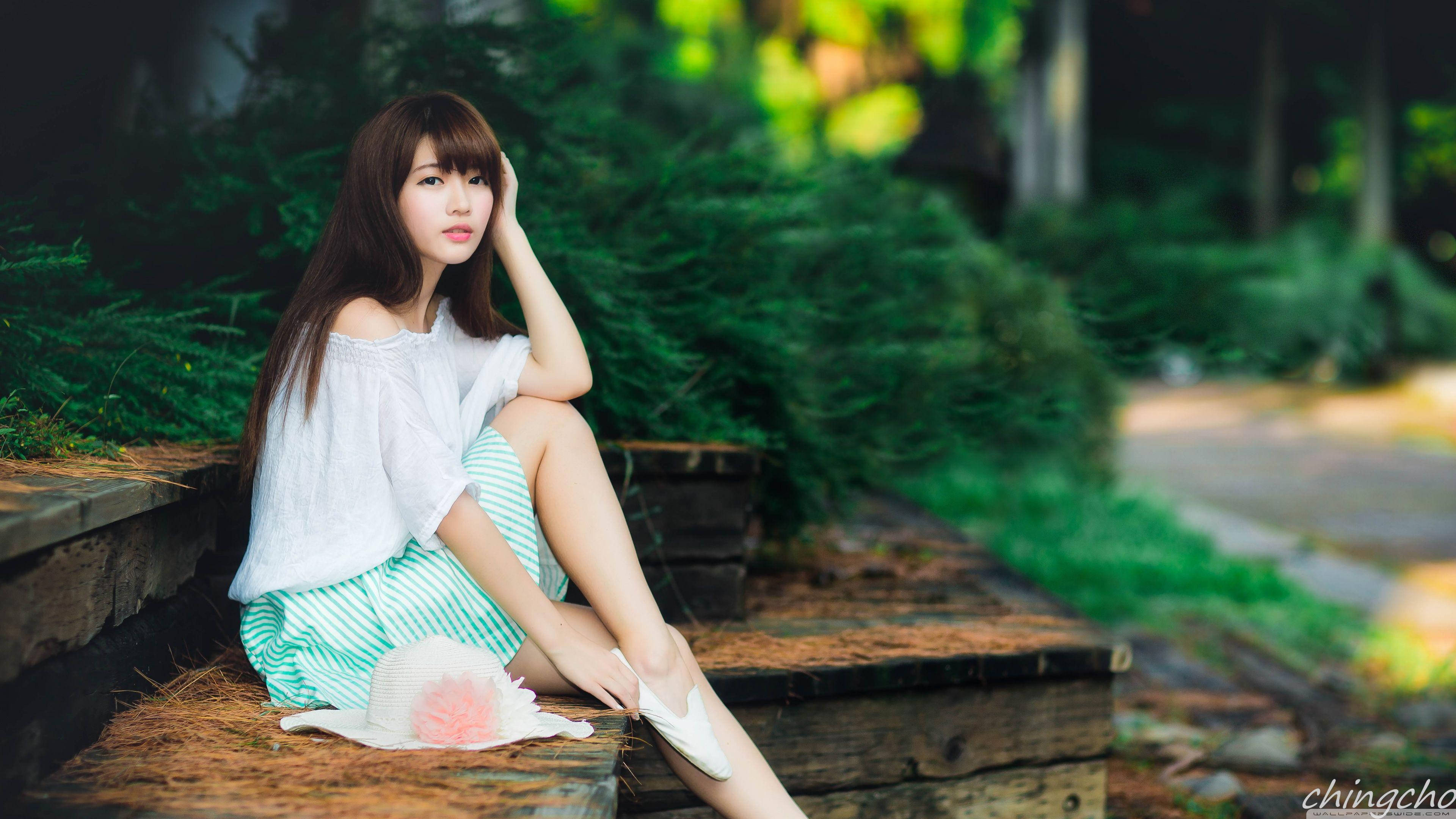 HD Girl, Asian model, white top, 4K Desktop Wallpaper