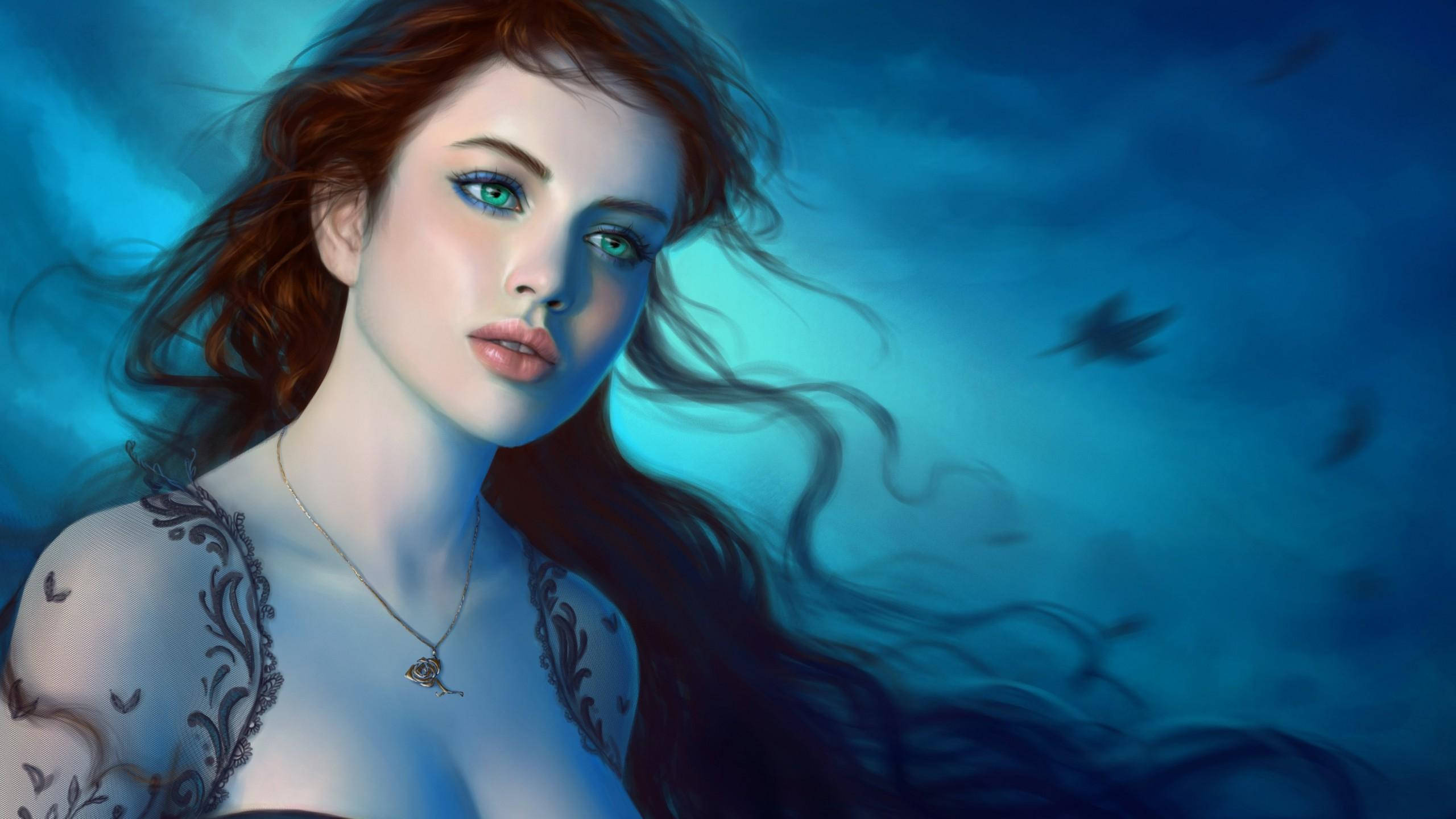 HD Girl, red hair, green eyes, 2K Desktop Wallpaper