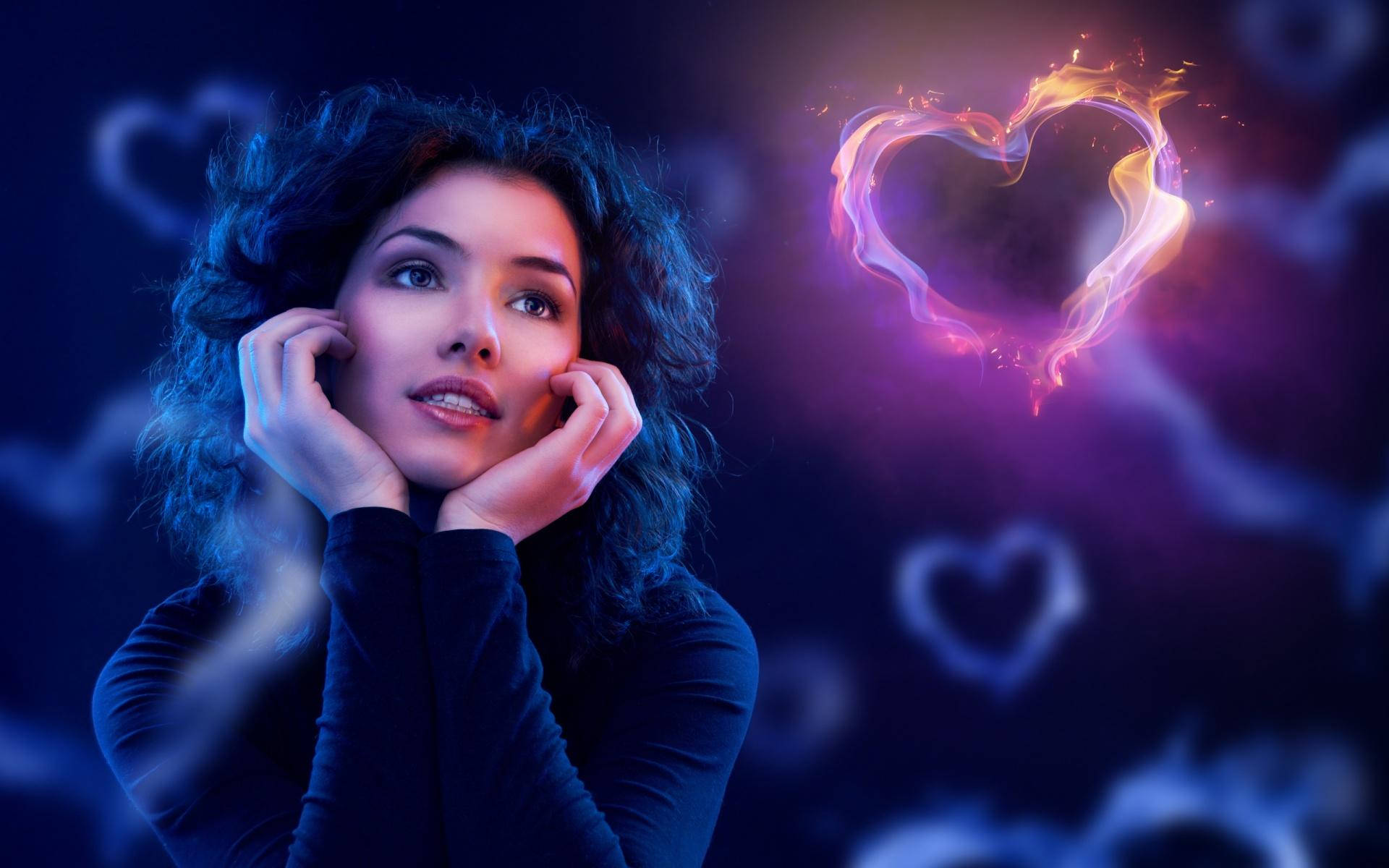 HD Girl Fiery Heart, fiery heart, curly hair, Full HD Desktop Wallpaper