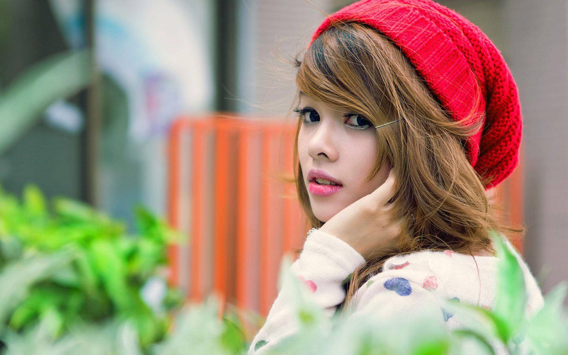 HD Girl, emo outfit, red knit hat, Full HD Desktop Wallpaper
