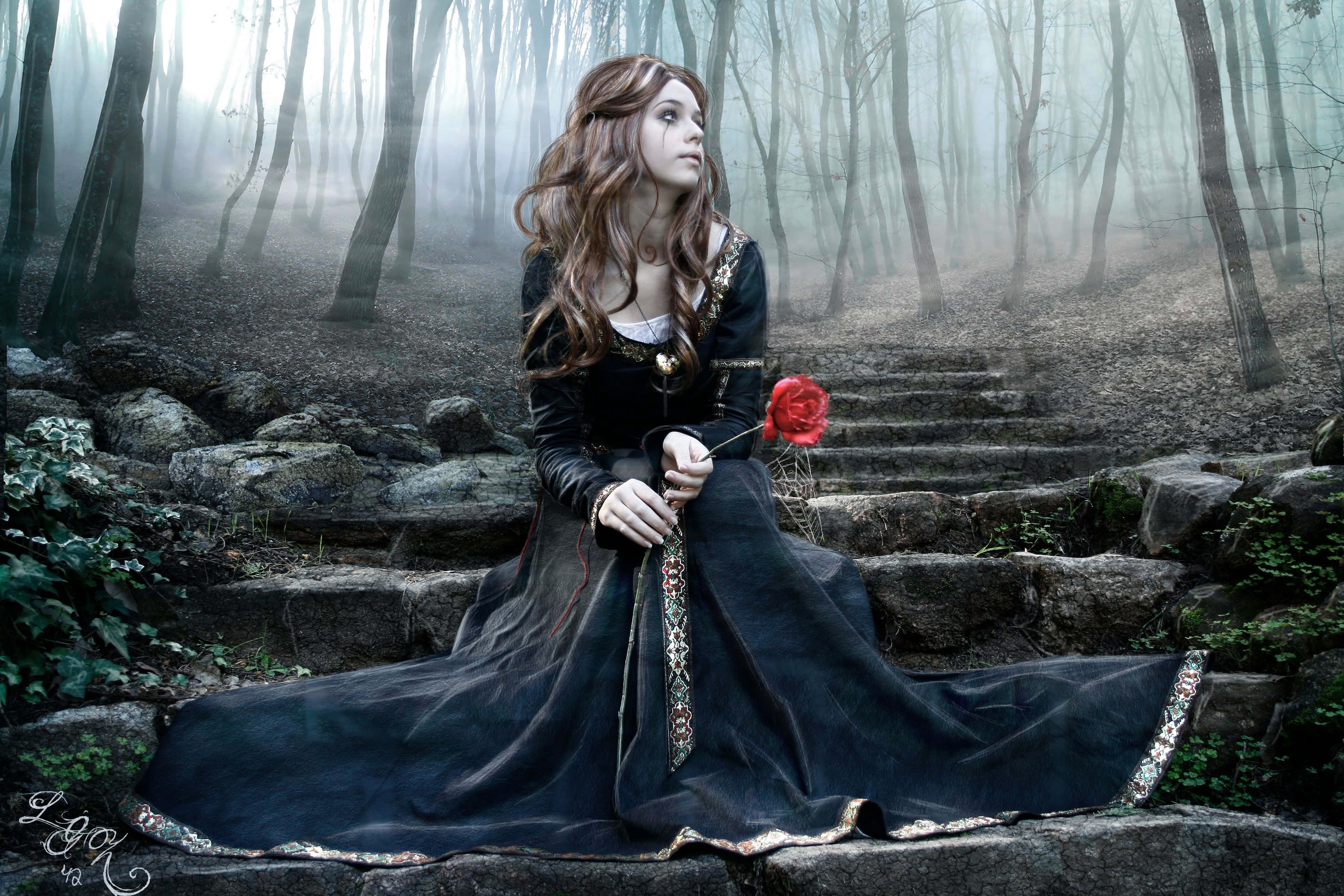 black dress, stone steps, misty forest, 4K Desktop Wallpaper