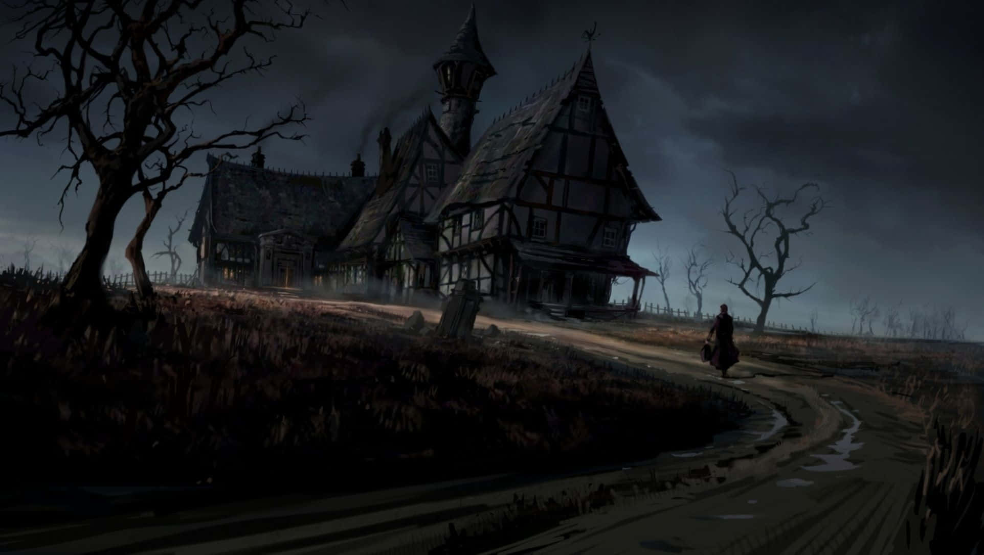 Gothic Aesthetic, haunted timber-framed house, stormy night sky, Full HD Desktop Wallpaper