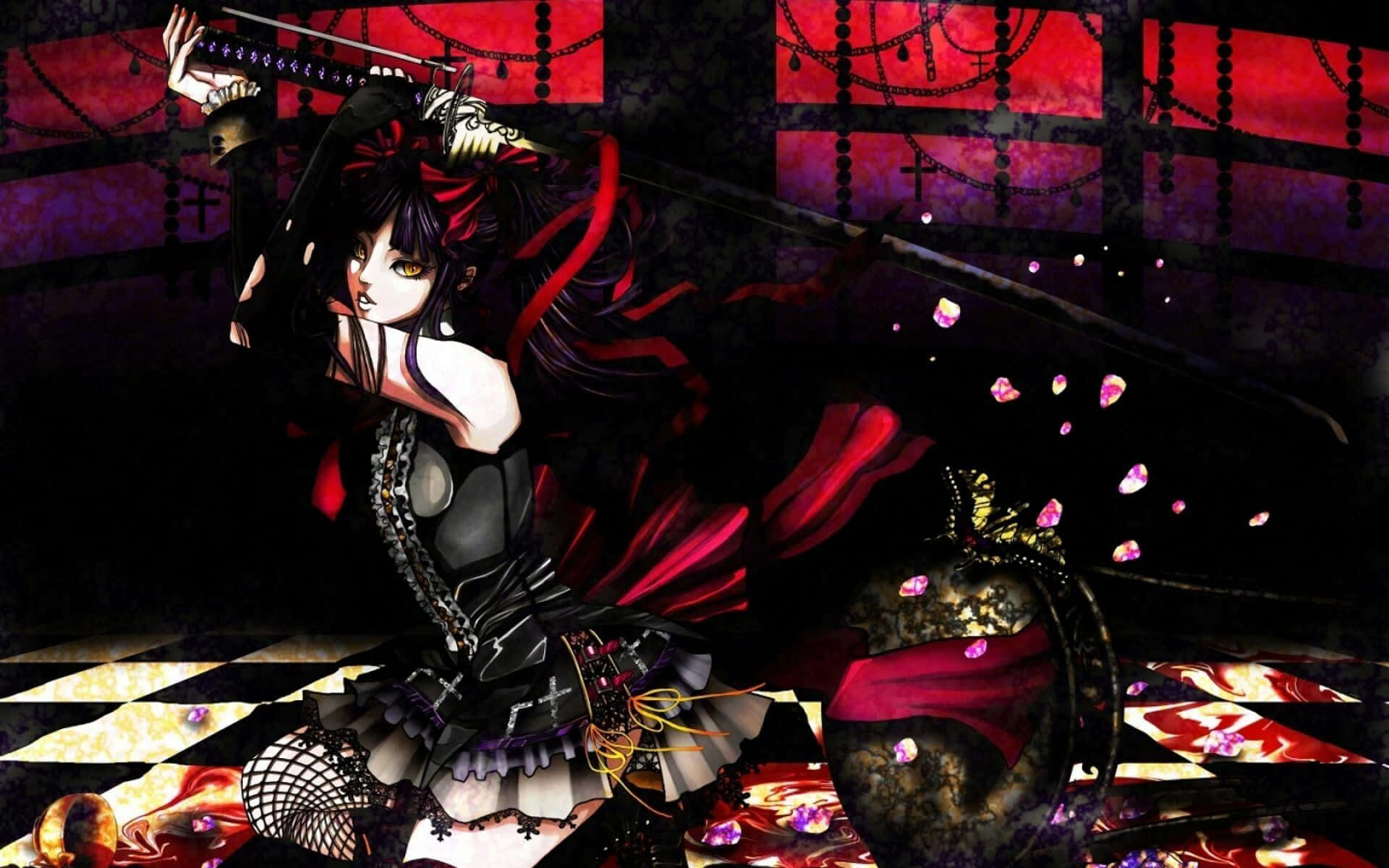 gothic attire, sword, floating pink petals, Full HD Desktop Wallpaper