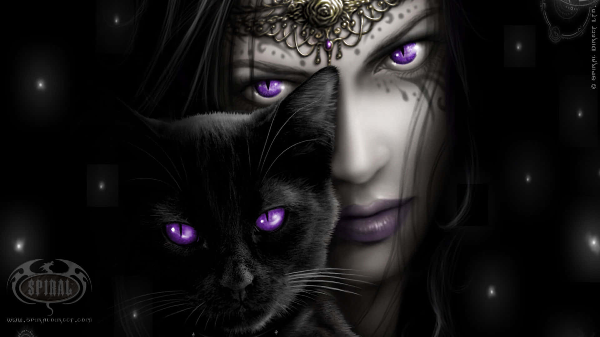 purple eyes, ornate headpiece, black cat with glowing purple eyes, Full HD Desktop Wallpaper