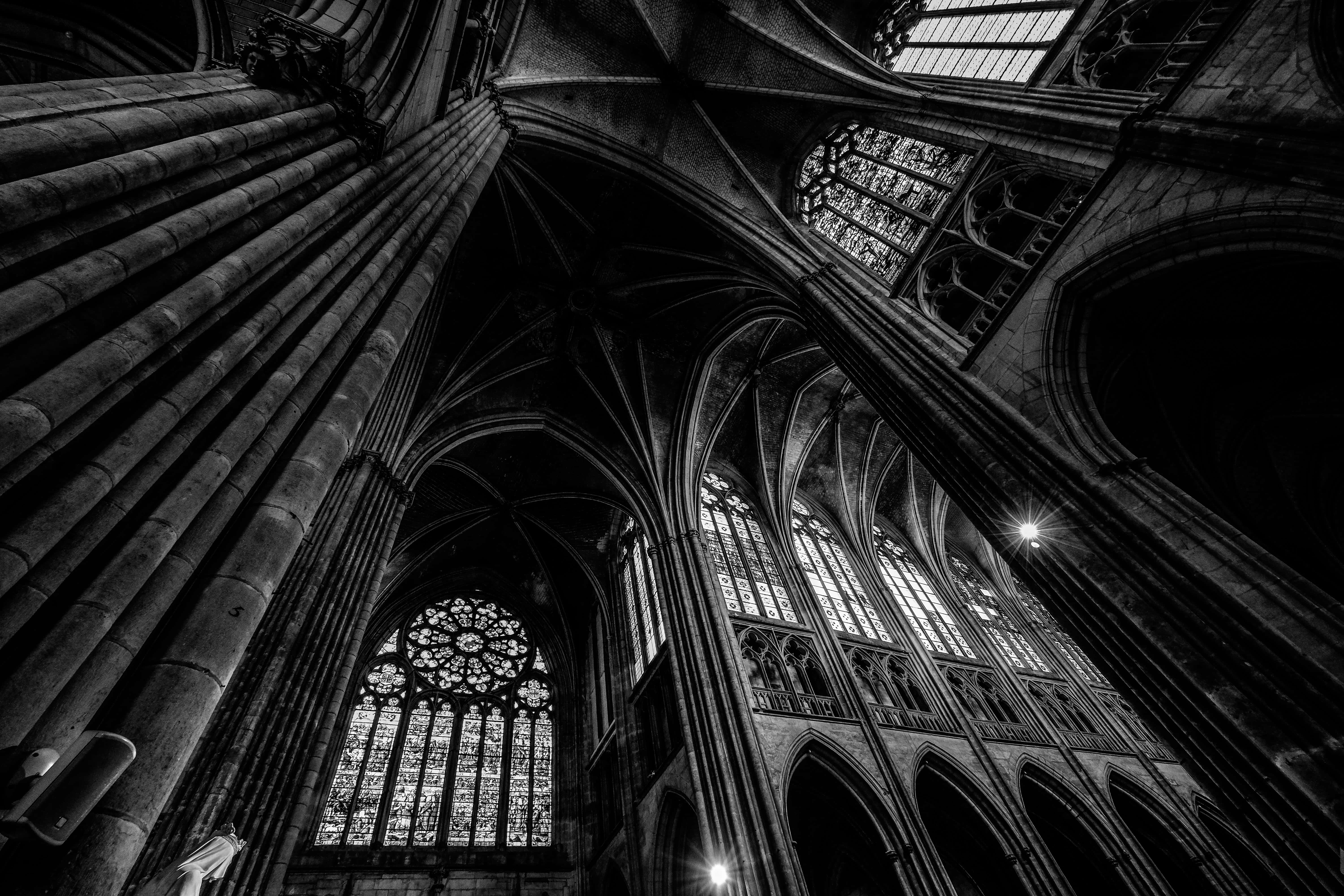 cathedral, stone vaults, stained glass windows, 5K Desktop Wallpaper