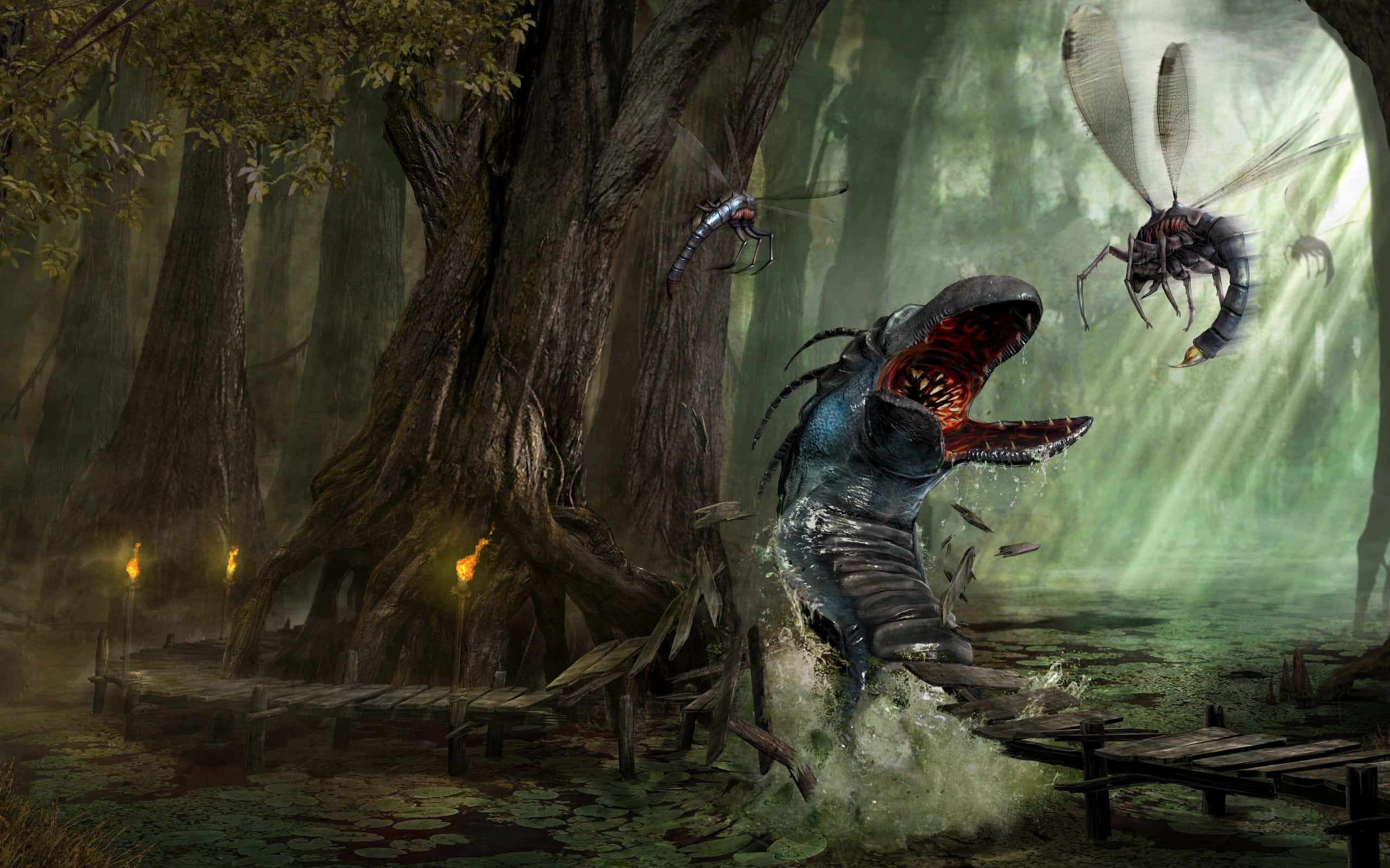 HD Gothic, alligator, swamp water, 2K Desktop Wallpaper