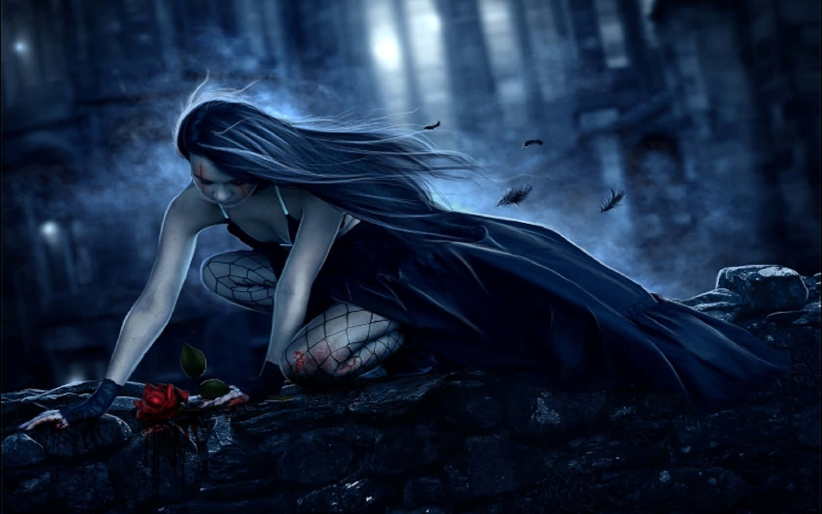 long dark hair, pale woman, ruined cityscape, HD Desktop Wallpaper