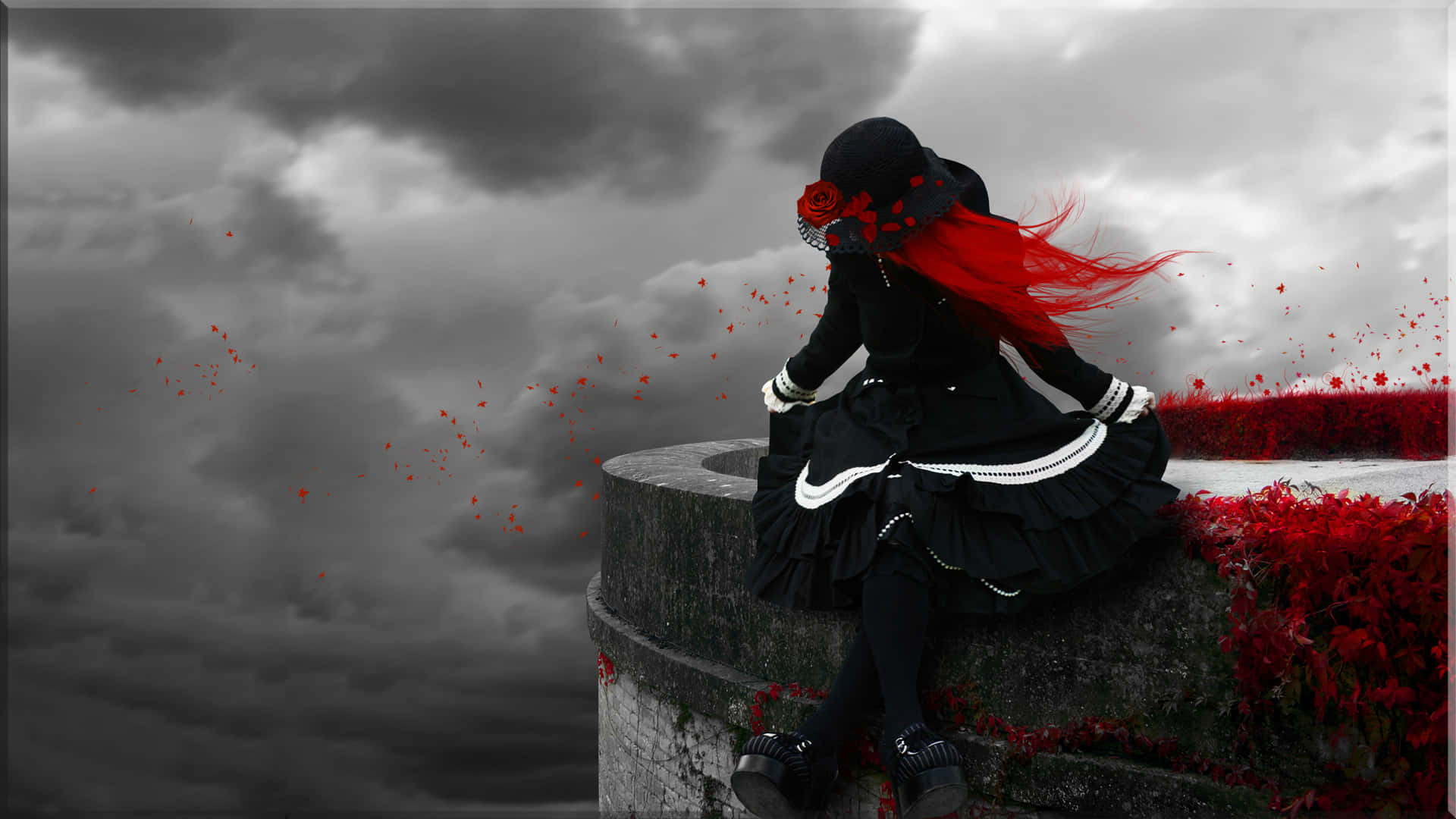 Gothic, anime girl, vibrant red hair, Full HD Desktop Wallpaper