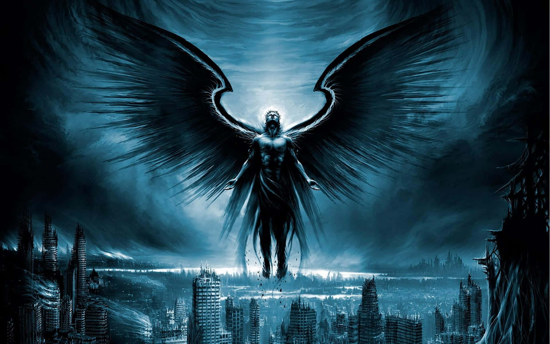 HD Gothic, dark-winged angelic figure, ruined cityscape, Full HD Desktop Wallpaper