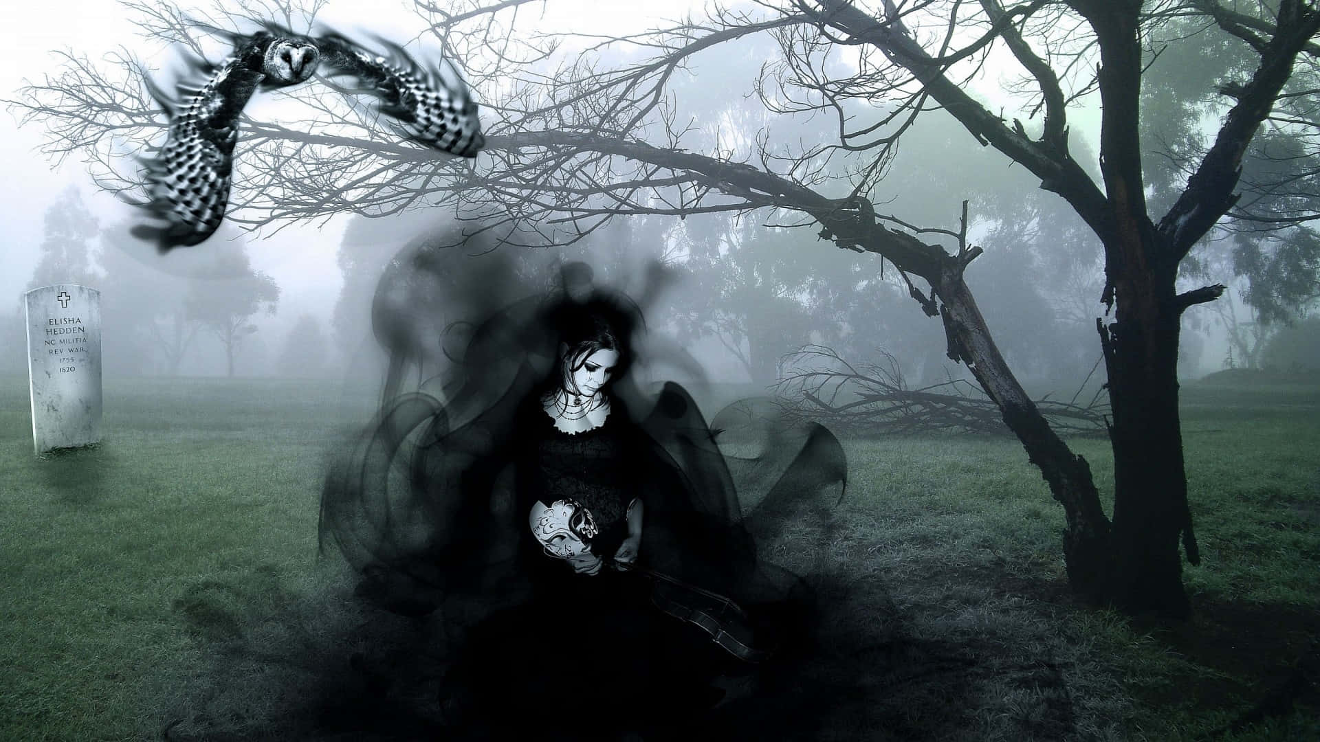ghostly woman, dark wings, misty graveyard, Full HD Desktop Wallpaper