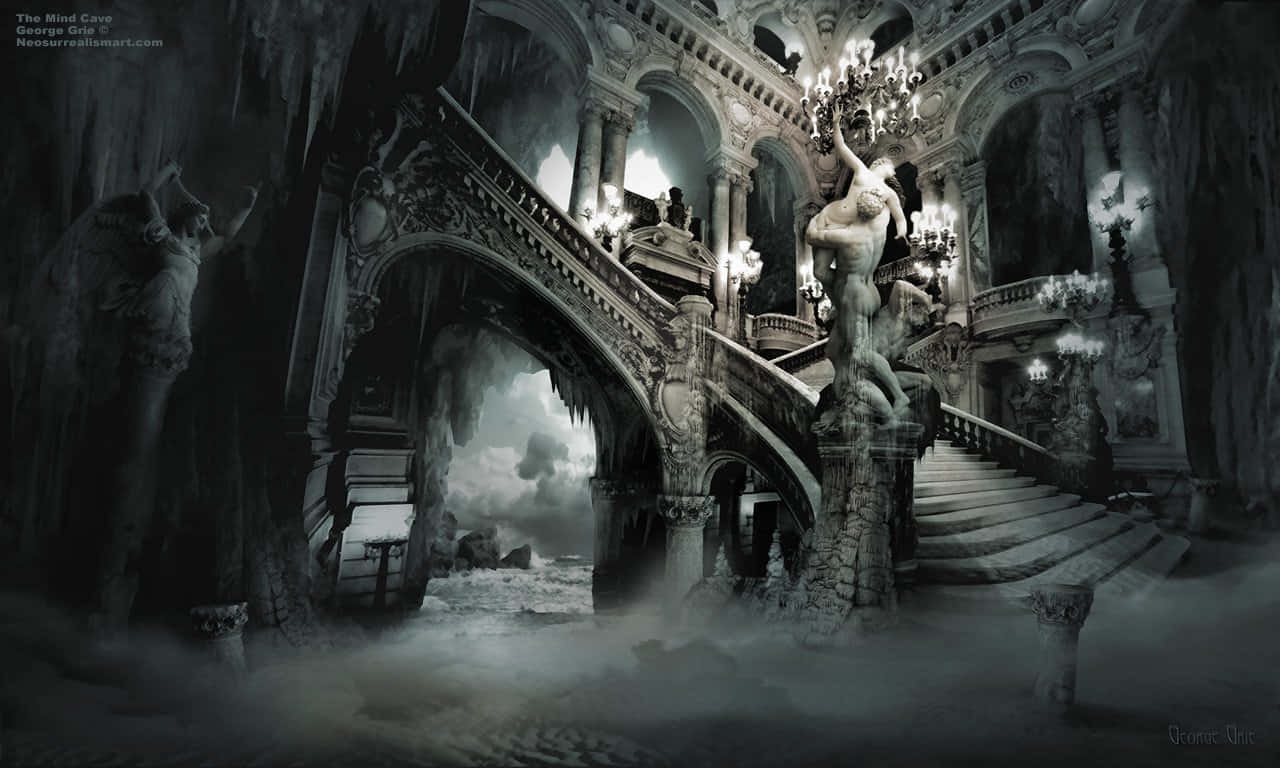 gothic hall, stone staircase, chandelier, HD Desktop Wallpaper