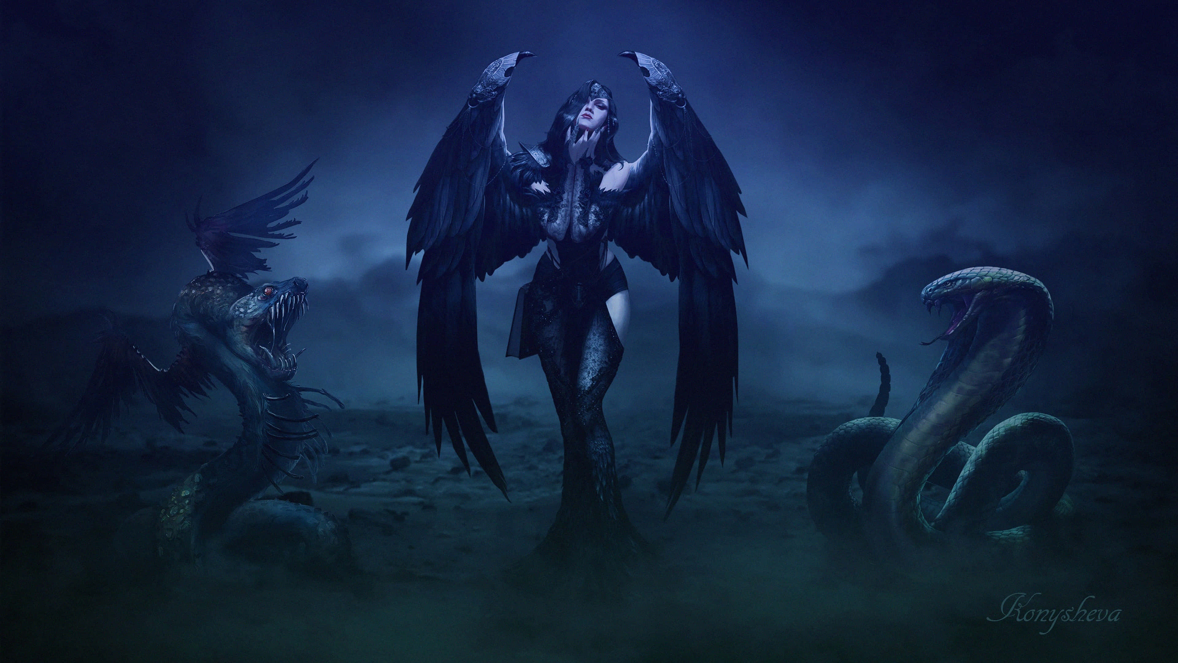 HD Gothic, dark-winged female figure, monstrous serpentine creatures, 4K Desktop Wallpaper