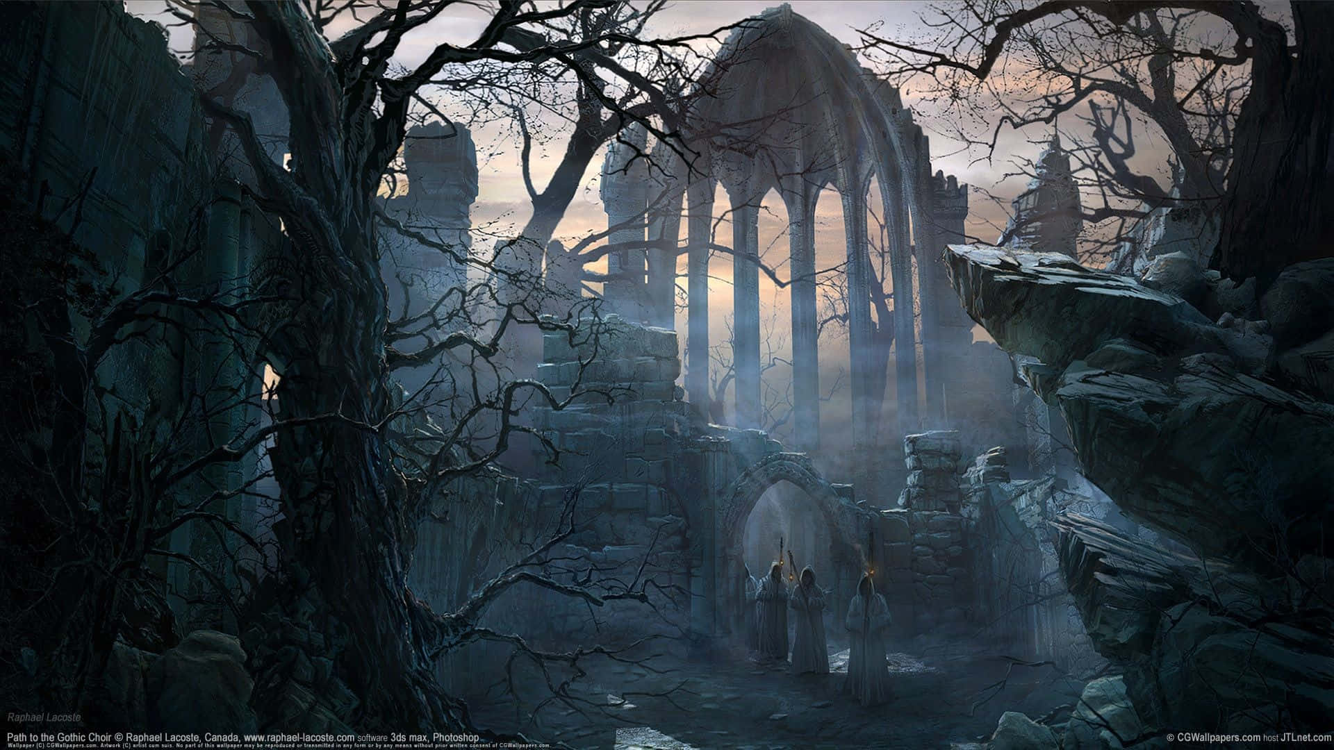 Gothic ruins, misty twilight, cloaked figures, Full HD Desktop Wallpaper