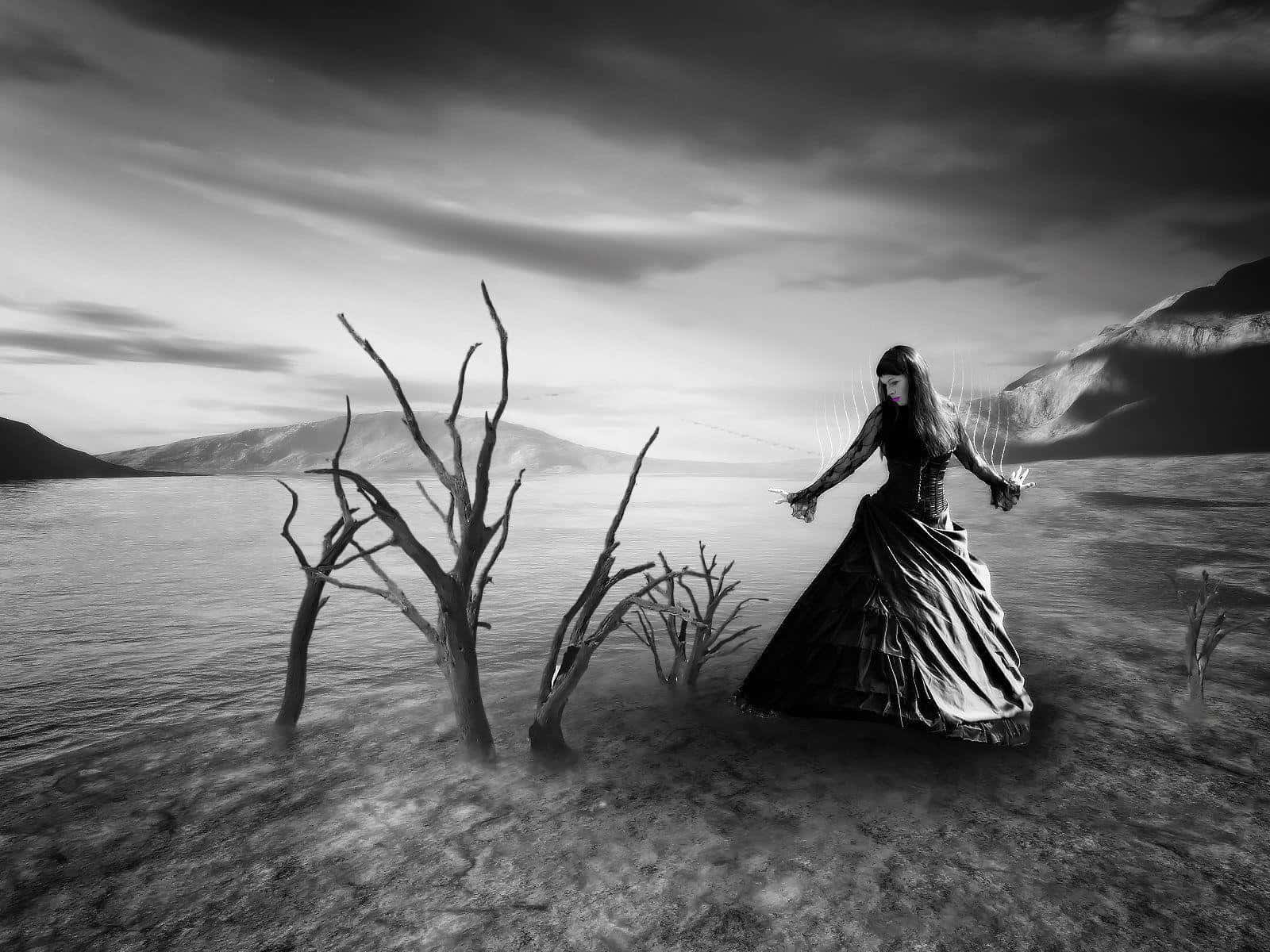 HD Gothic, long dark dress, shallow water, HD Desktop Wallpaper