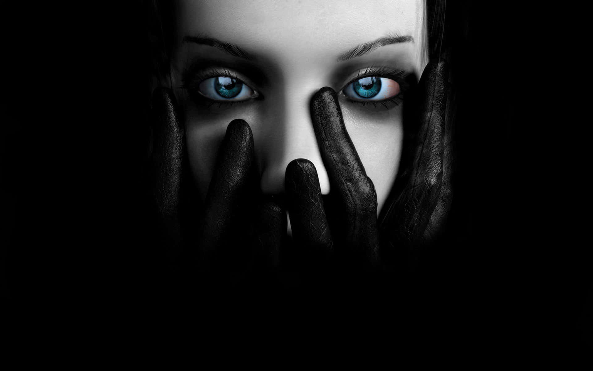 HD Gothic, intense blue eyes, fingers covering her face, Full HD Desktop Wallpaper