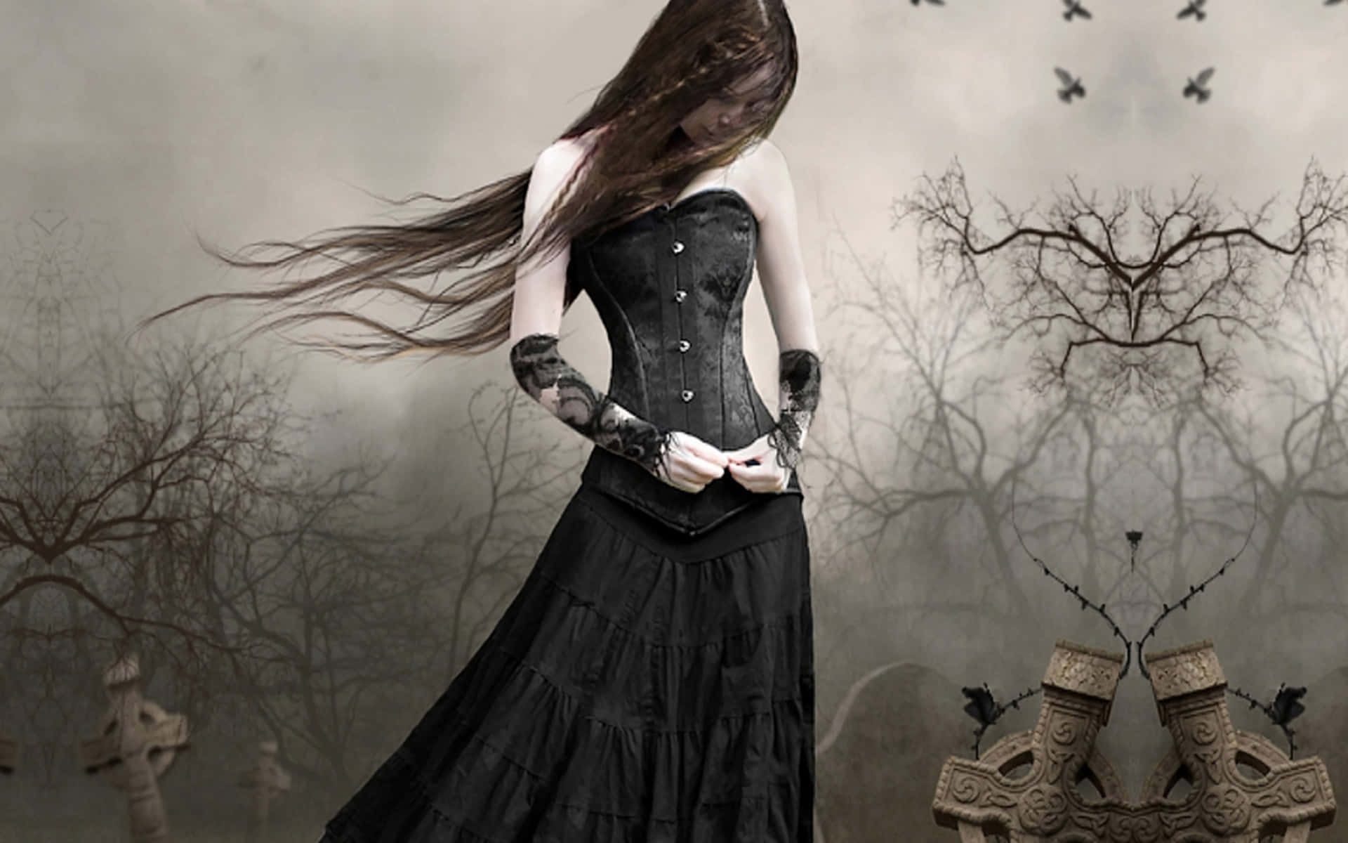 black corset, lace gloves, misty cemetery, Full HD Desktop Wallpaper