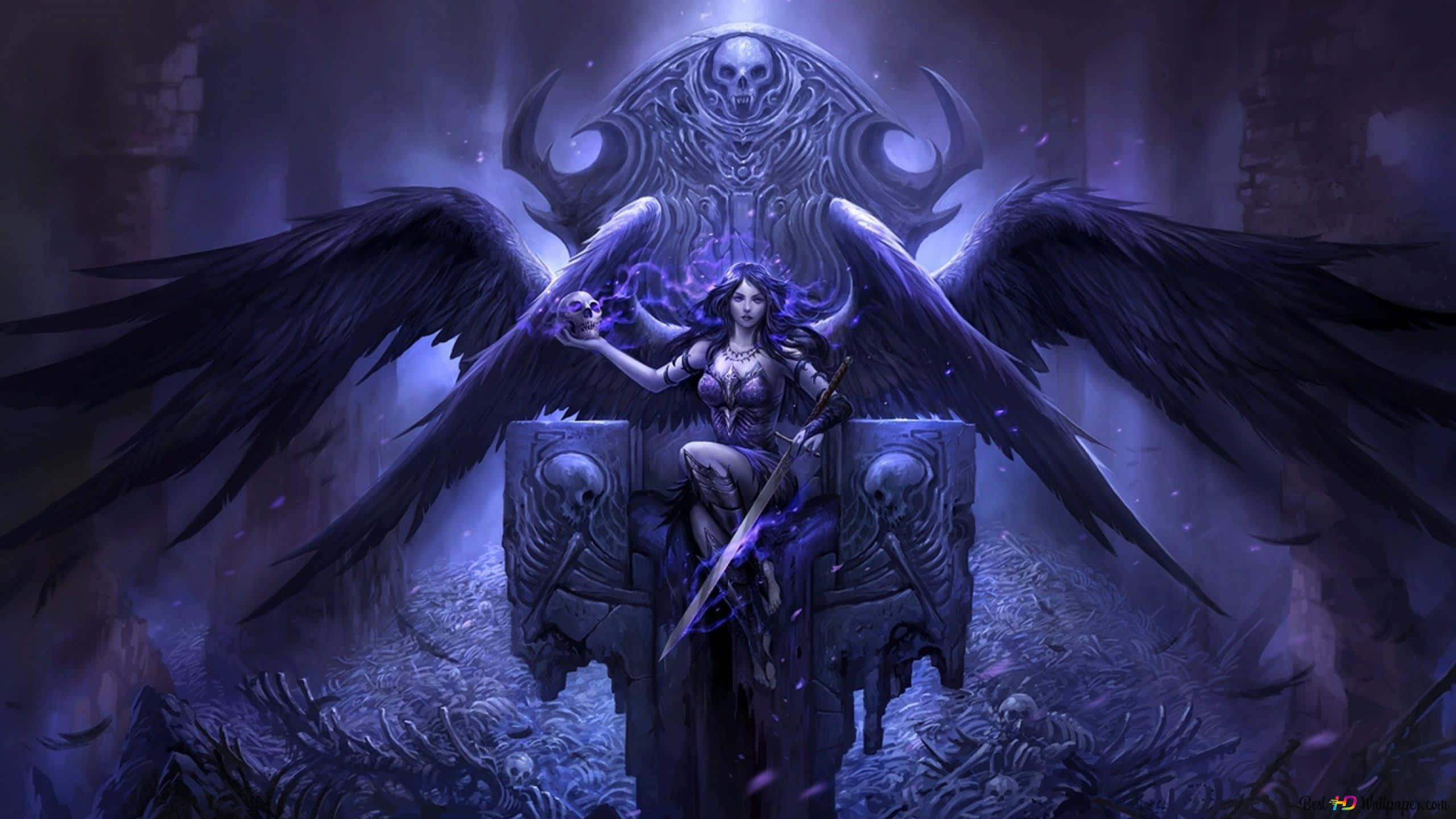 Gothic-style architecture, dark-winged female warrior, glowing purple energy, 2K Desktop Wallpaper