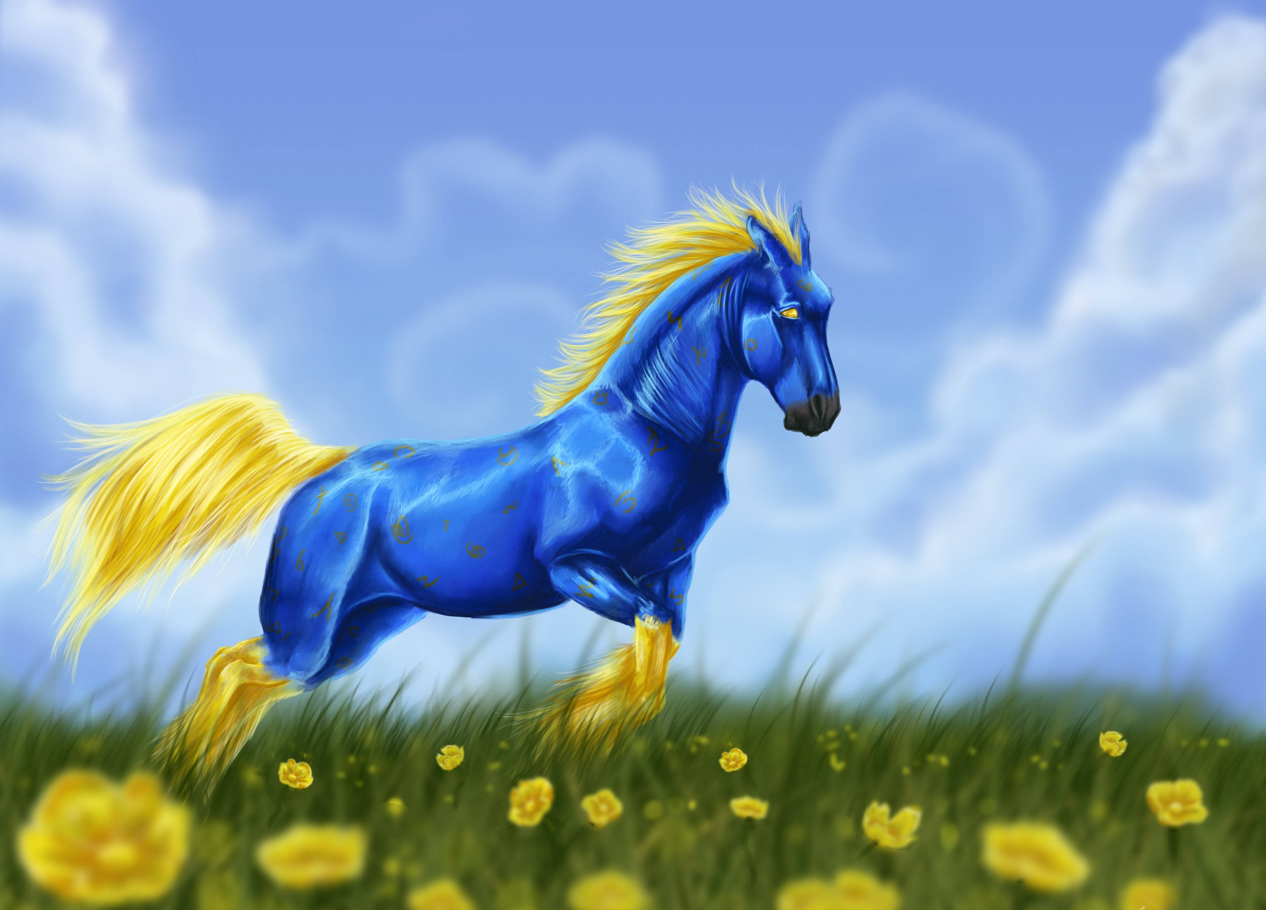 blue horse, golden mane and tail, field of yellow flowers, 4K Desktop Wallpaper