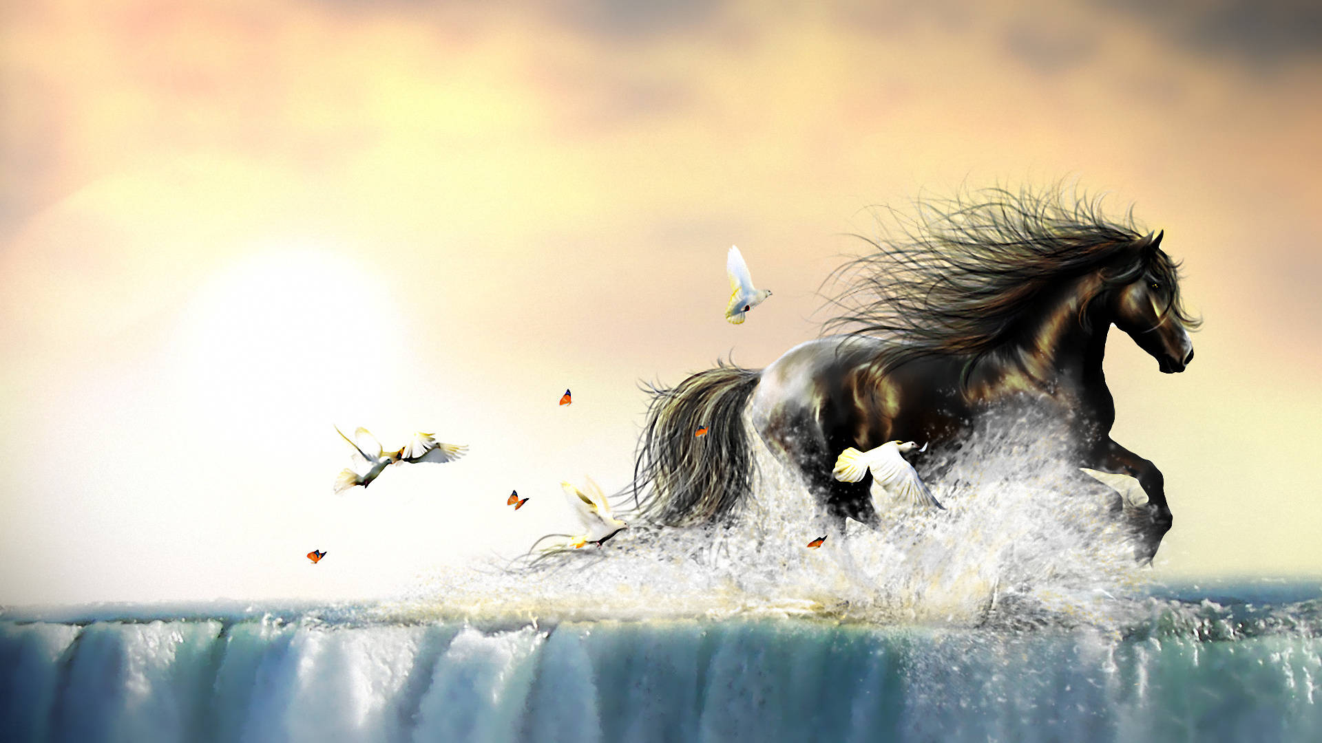 Water HD Horse, black horse, crashing ocean waves, Full HD Desktop Wallpaper