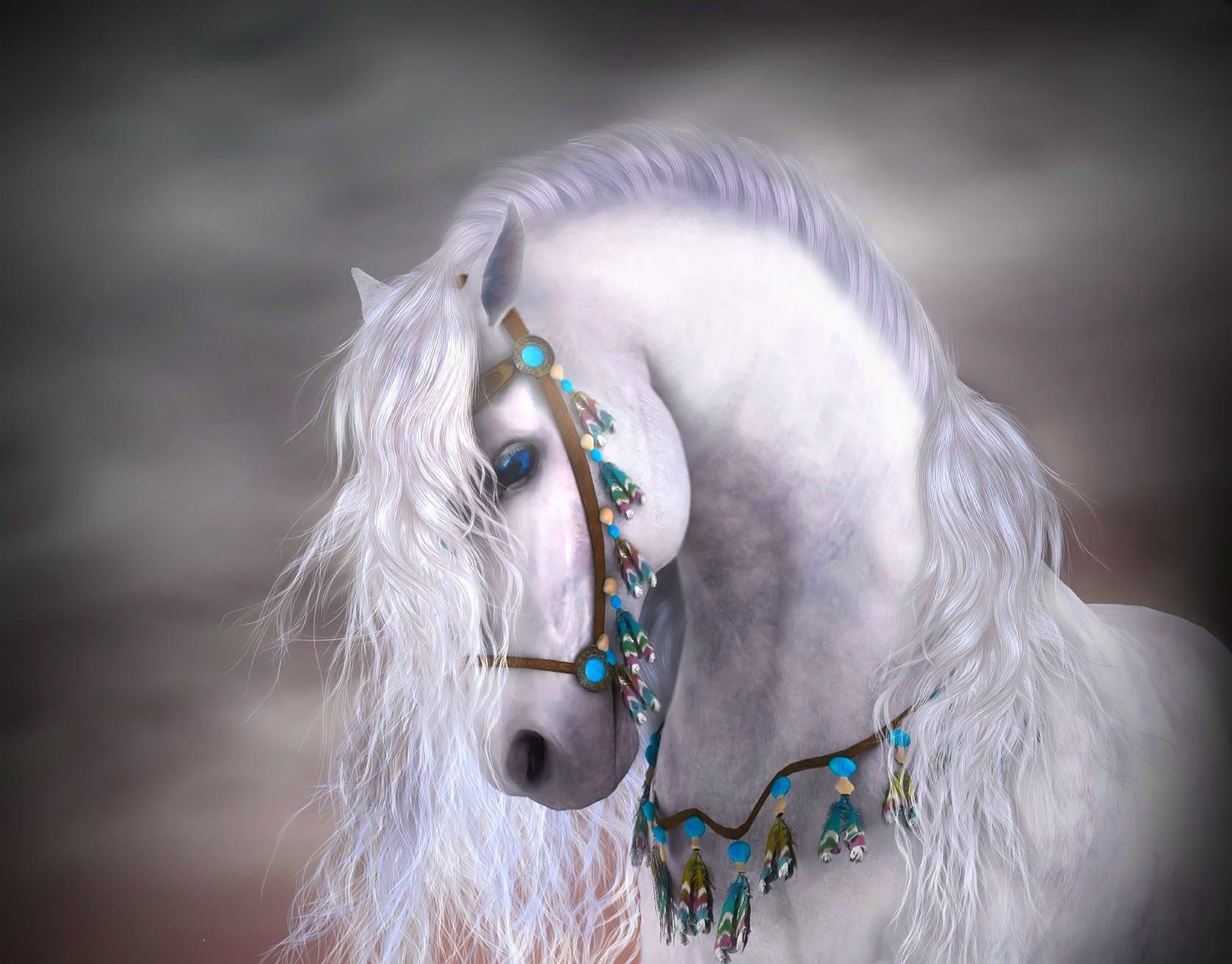 white horse, turquoise and green beaded bridle, soft gray background, HD Desktop Wallpaper