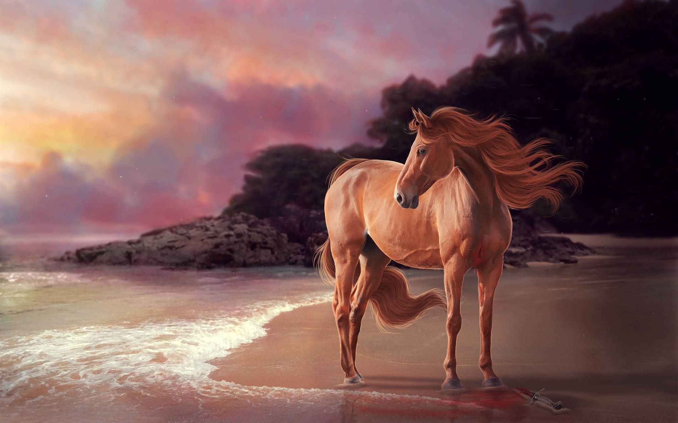 golden horse, sunset, tropical beach, Full HD Desktop Wallpaper
