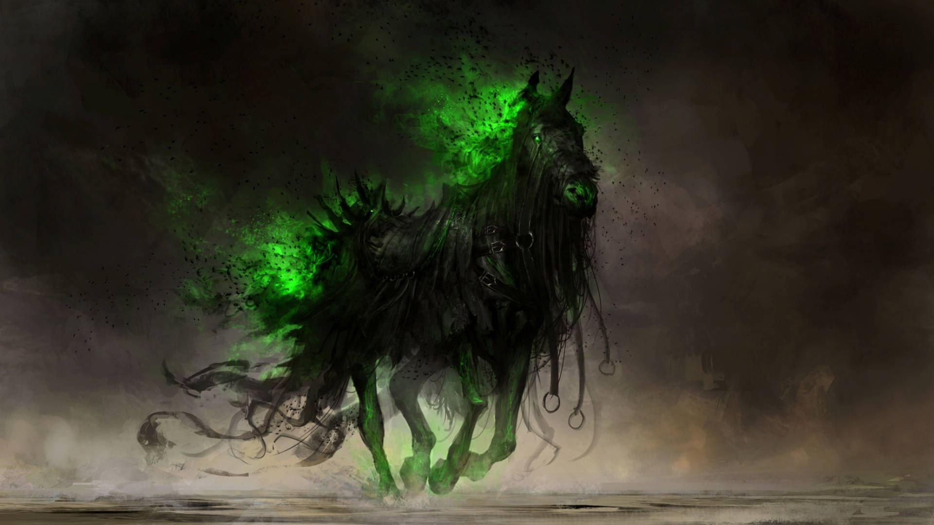 fantasy horse, glowing green energy, shadowy mist, Full HD Desktop Wallpaper