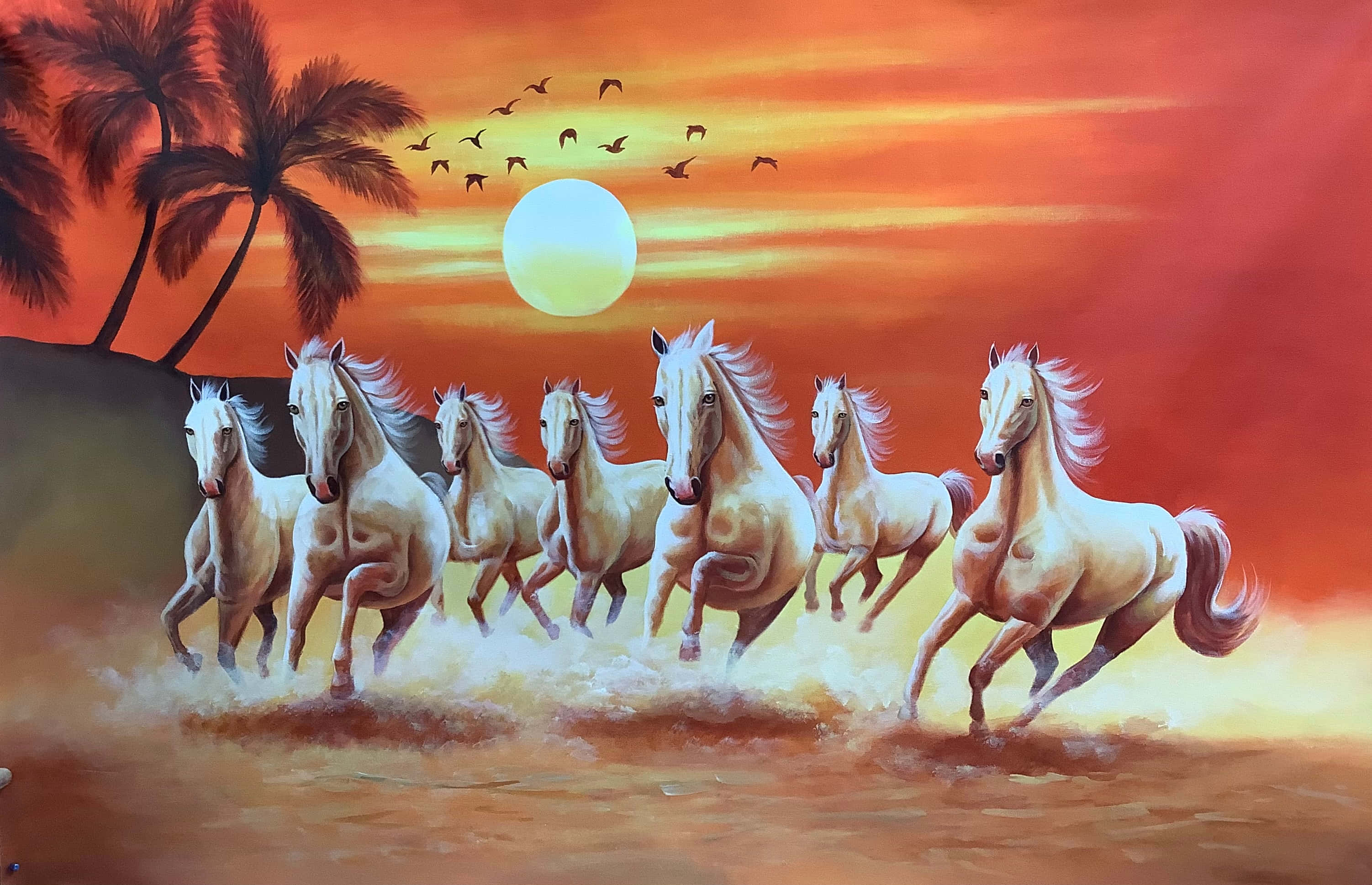 7 White Horses, sandy beach, sunset, 2K Desktop Wallpaper