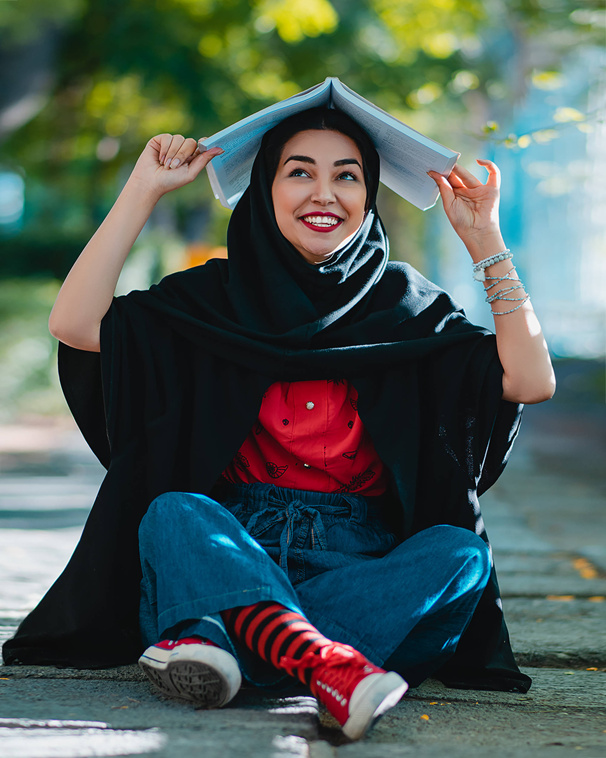 Islamic woman, black hijab, red shirt, Full HD Phone Wallpaper
