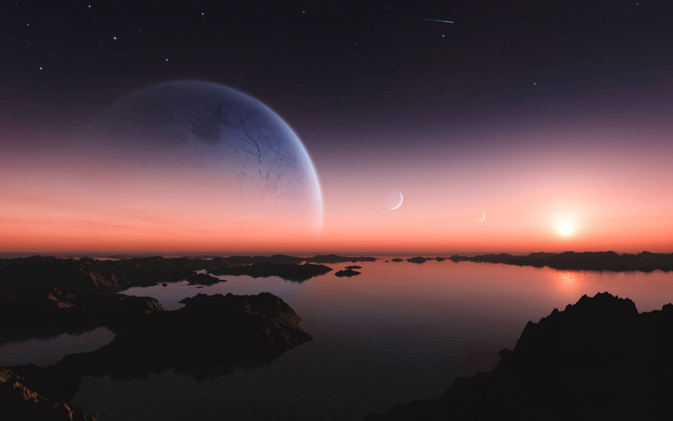 extraterrestrial world, alien sunset, calm lake, Full HD Desktop Wallpaper