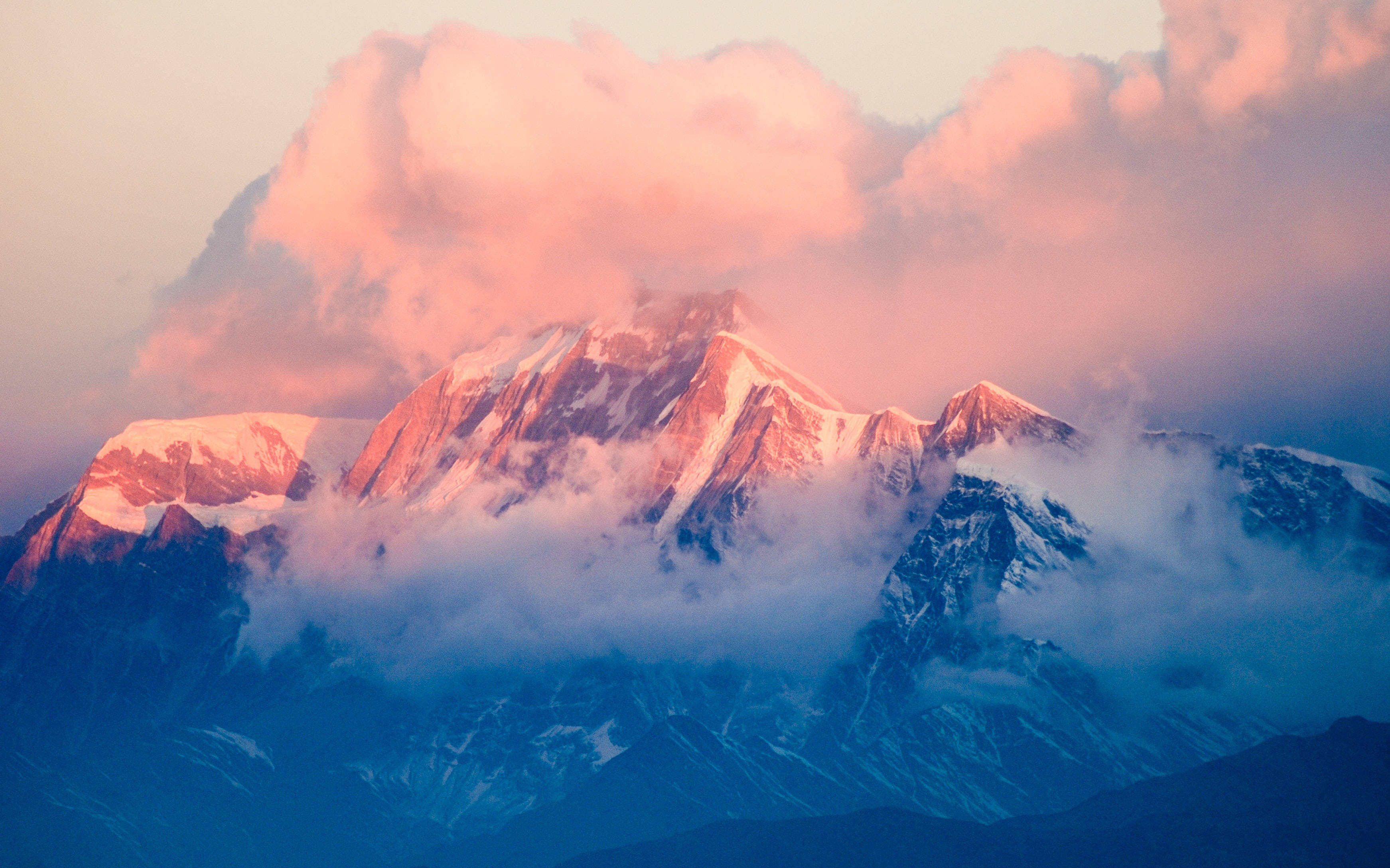 pink sunset, snowcapped mountain peaks, pink and blue clouds, 2K Desktop Wallpaper