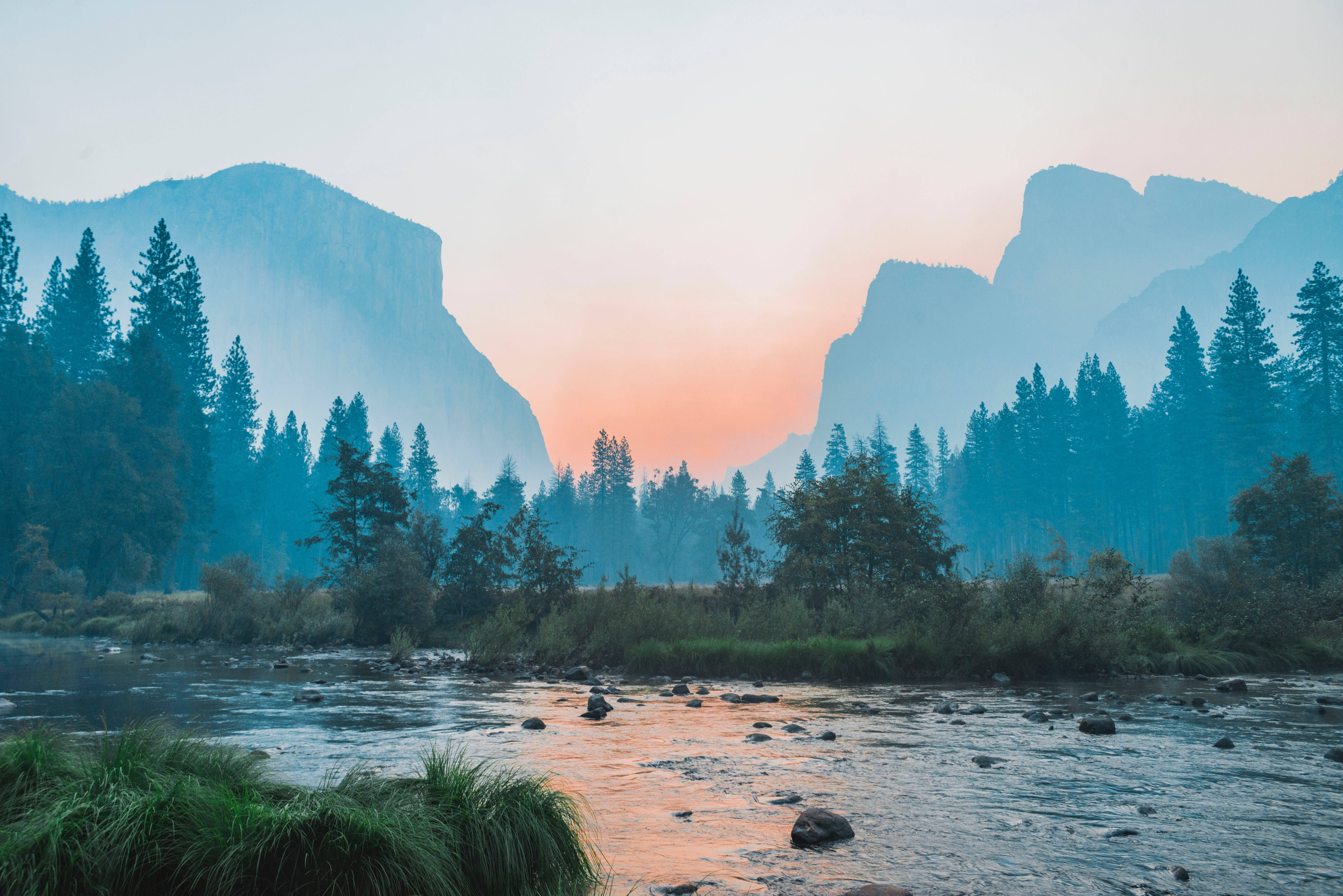 mountain river, forested valley, dawn, 5K Desktop Wallpaper