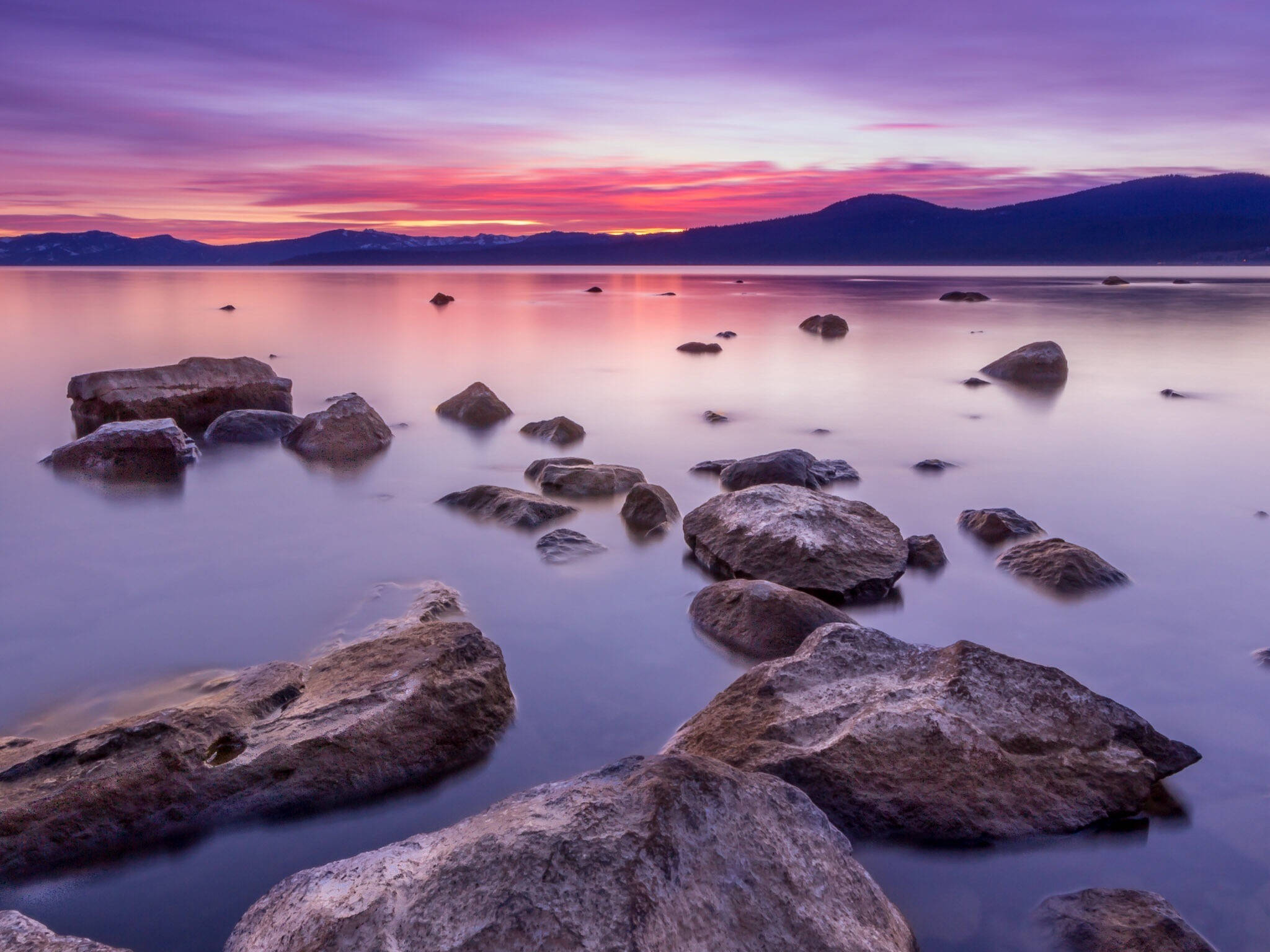 lake, sunset, vibrant purple and pink sky, Full HD Desktop Wallpaper