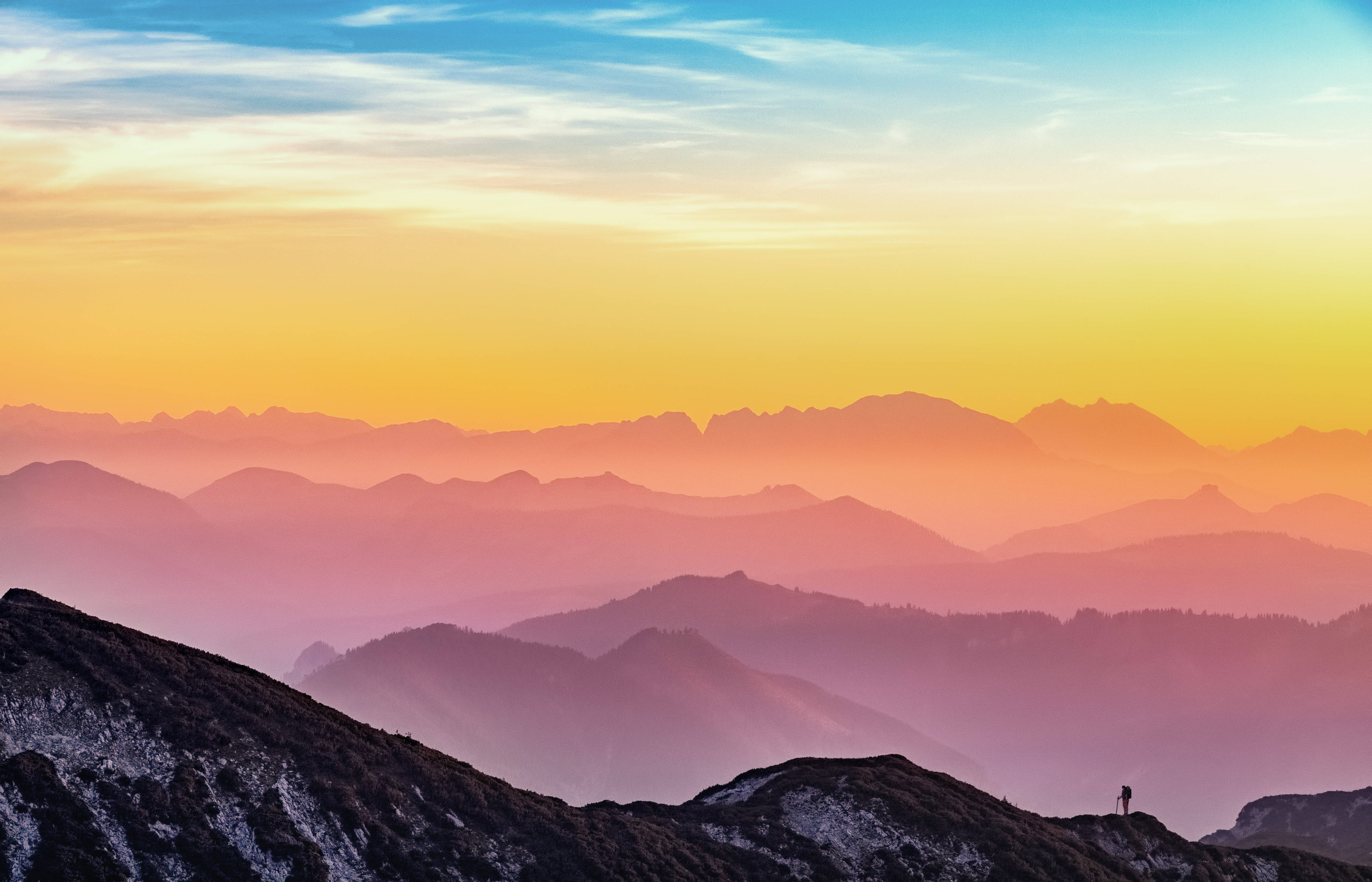 lone hiker, rugged mountain ridge, sunrise, 4K Desktop Wallpaper