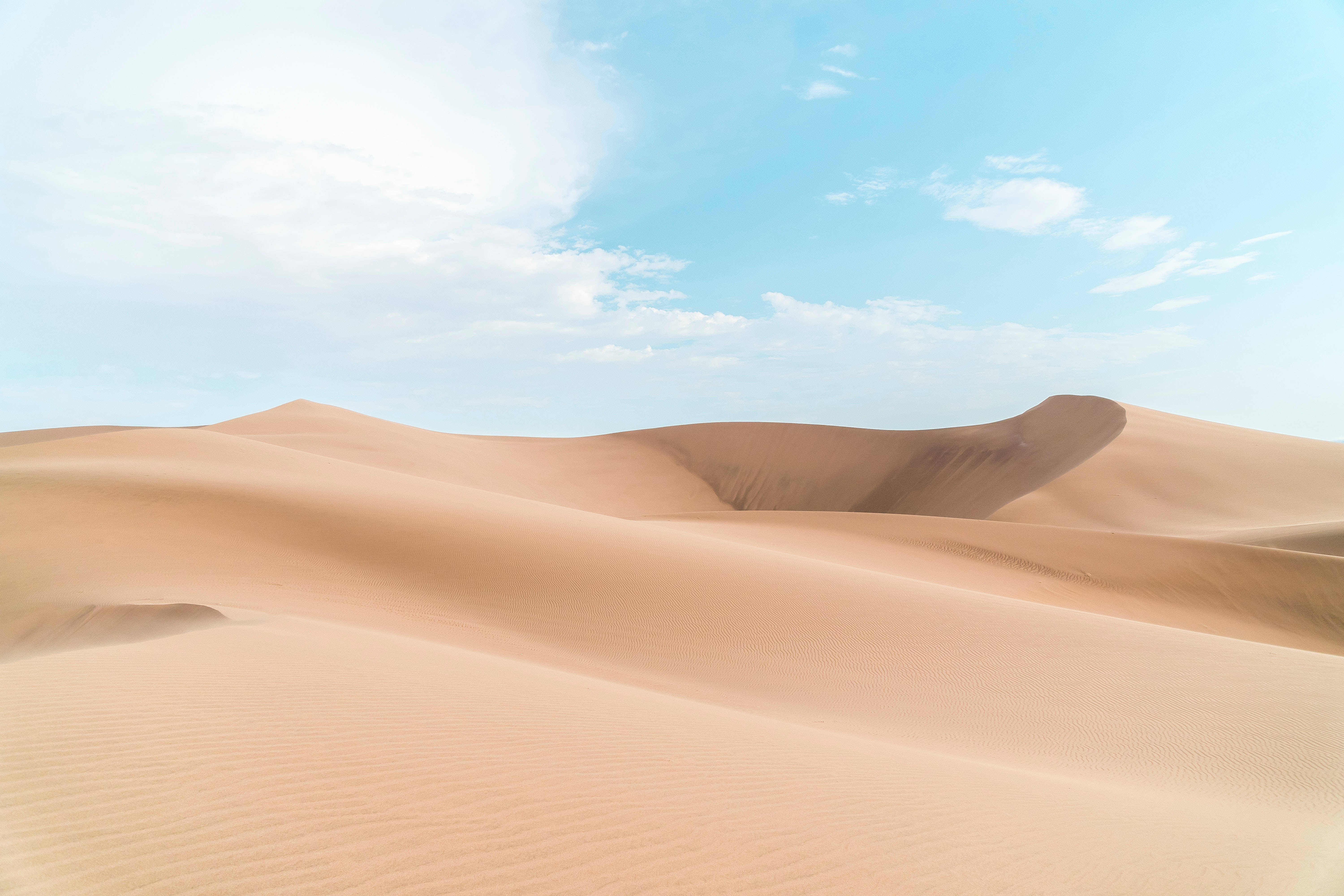 desert field, golden sand dunes, bright blue sky, 5K Desktop Wallpaper