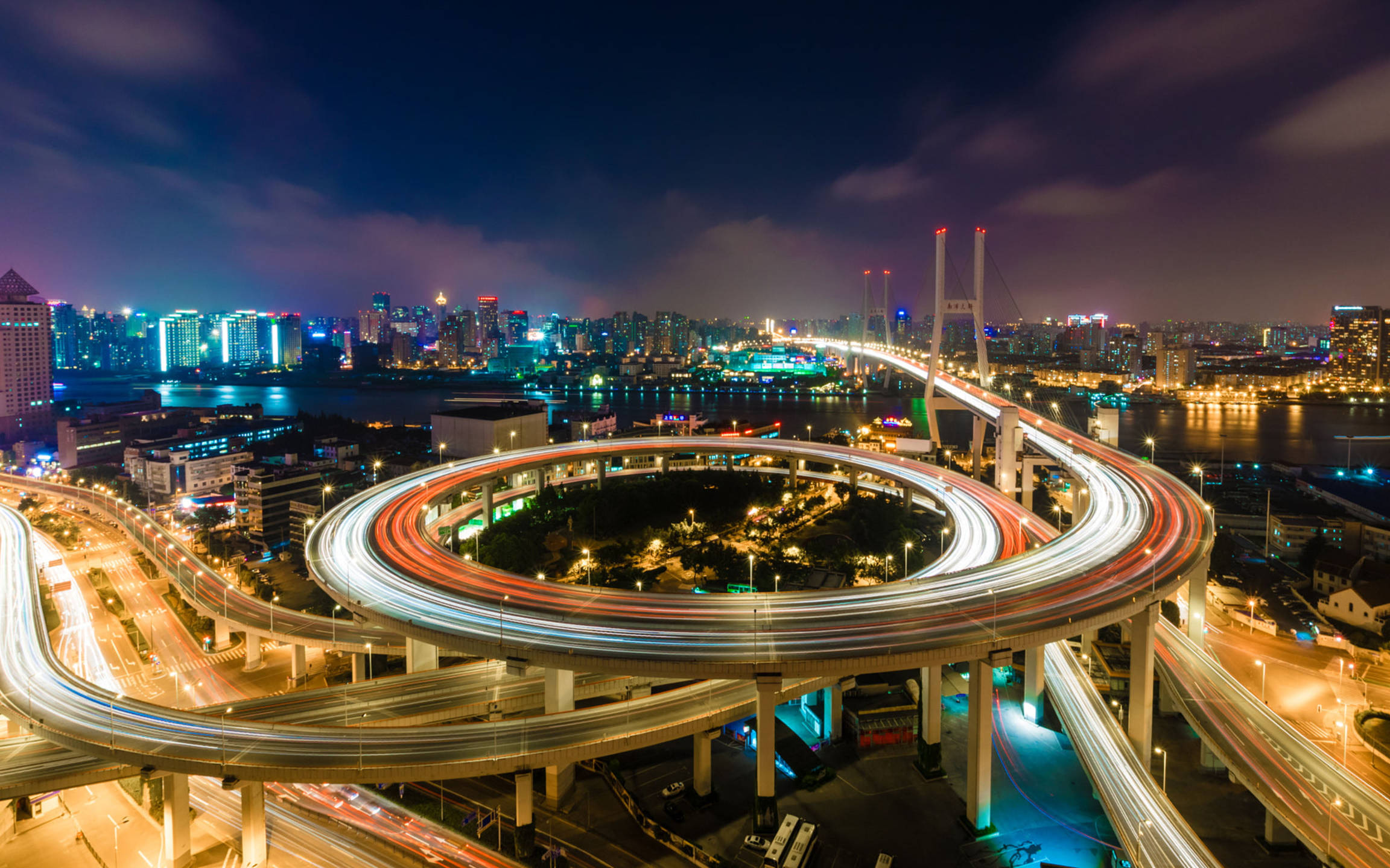 bridge, highway interchange, illuminated, Full HD Desktop Wallpaper