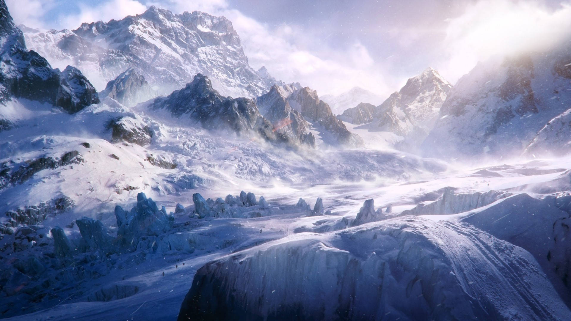 snowy mountains, jagged mountains, soft glowing sky, Full HD Desktop Wallpaper
