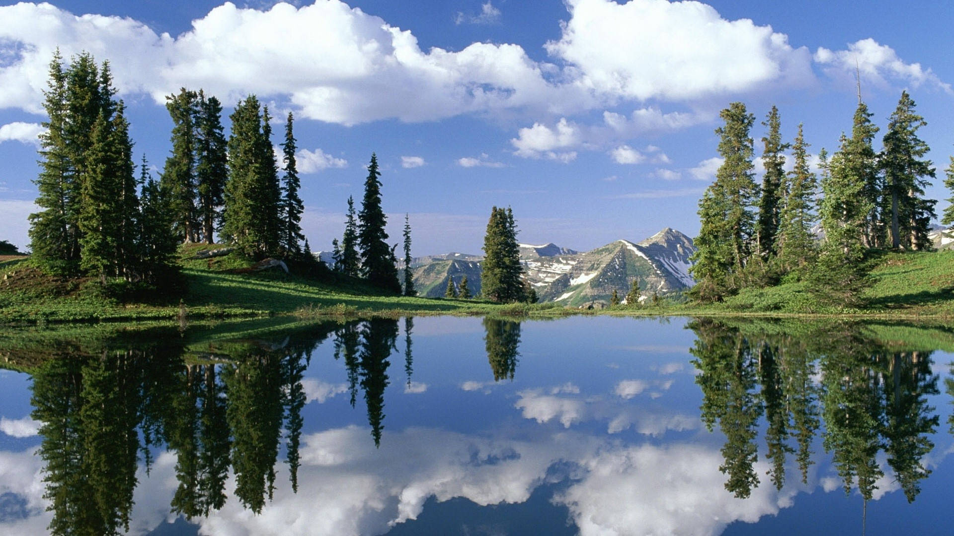 alpine lake, snow-capped mountains, fluffy clouds, Full HD Desktop Wallpaper