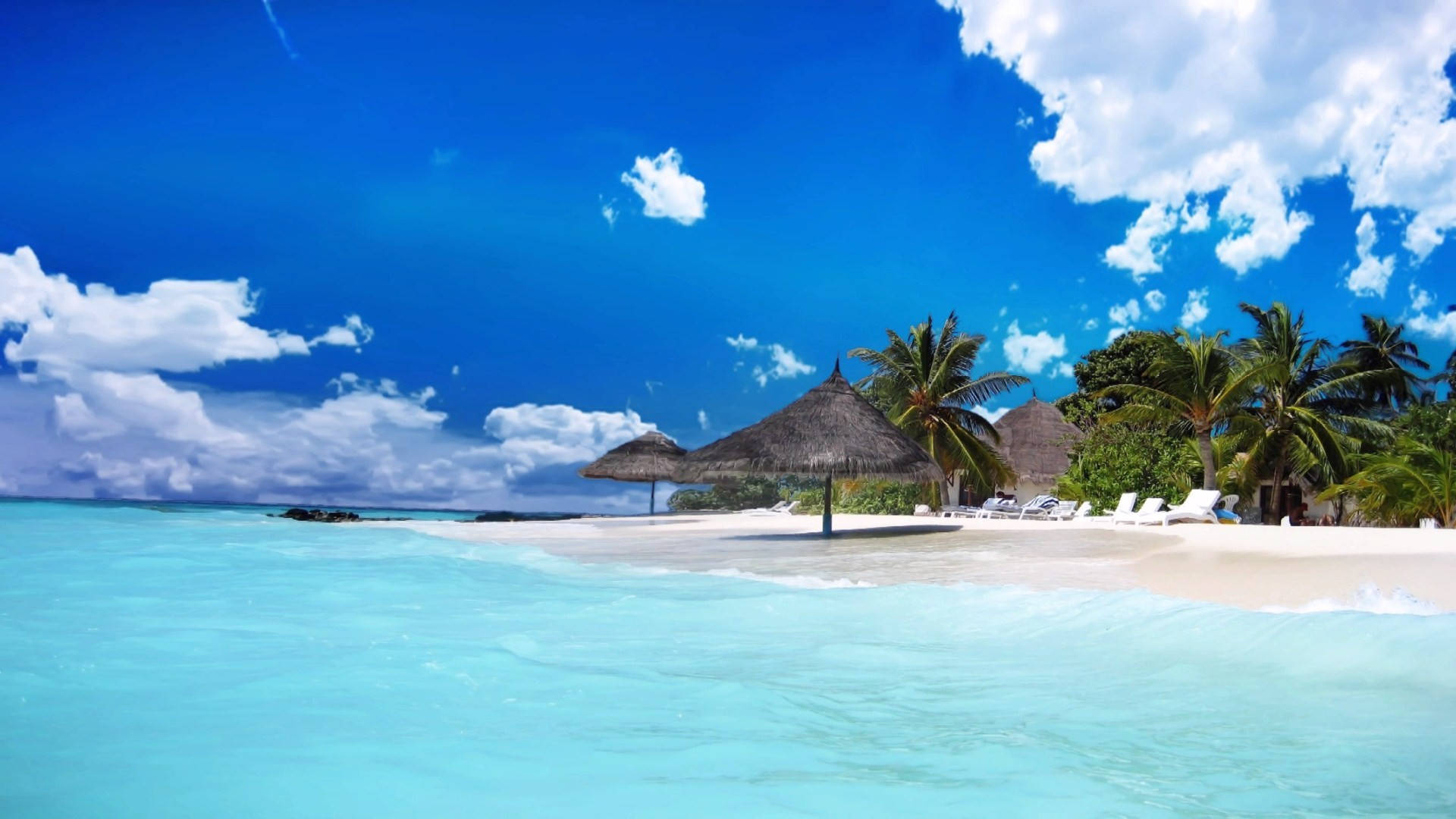 vivid blue beach, crystal clear turquoise waters, pristine white sand beach, Full HD Desktop Wallpaper